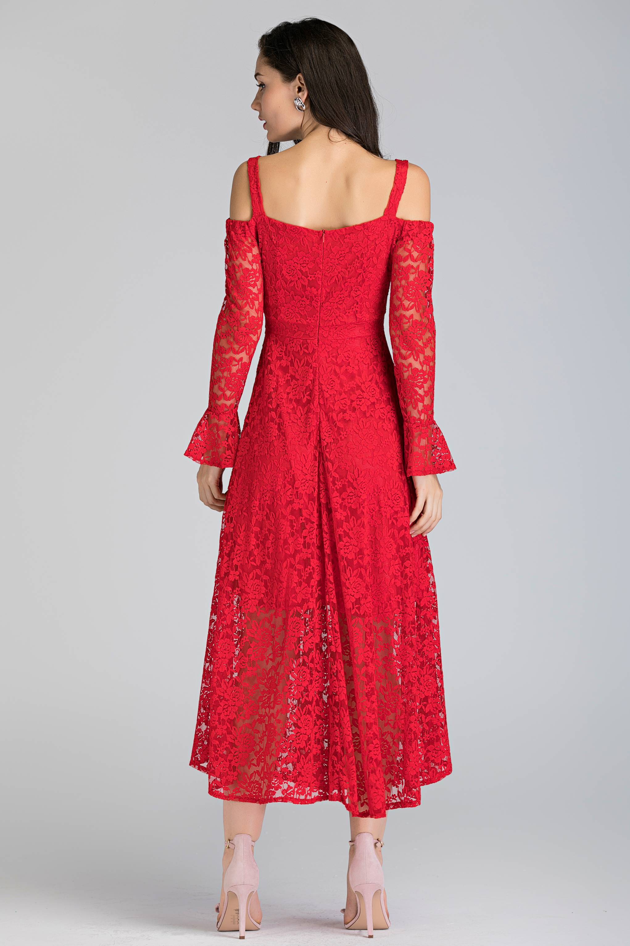 Red Soft Lace Belt Strap Cold Shoulder Maxi Dress - ownthelooks-Development