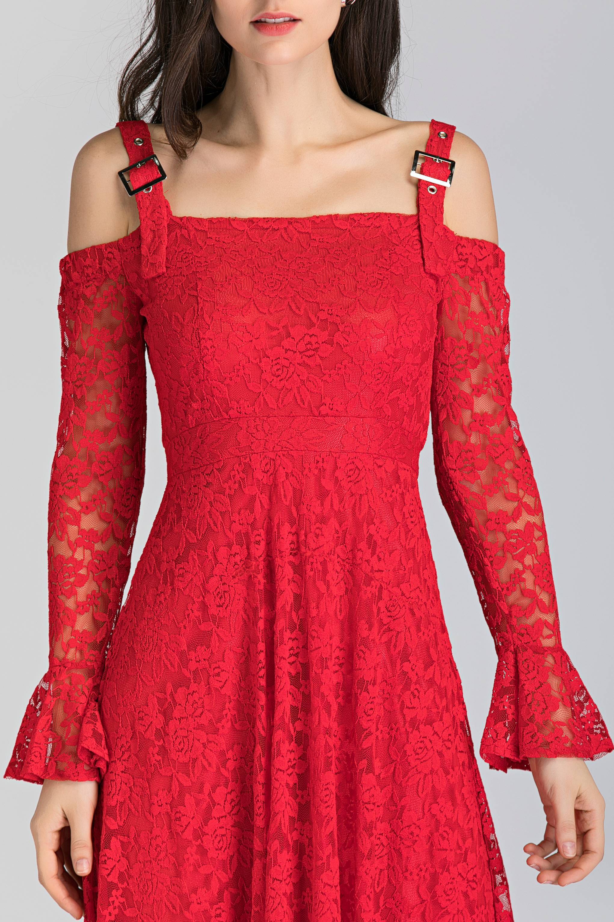 Red Soft Lace Belt Strap Cold Shoulder Maxi Dress - ownthelooks-Development