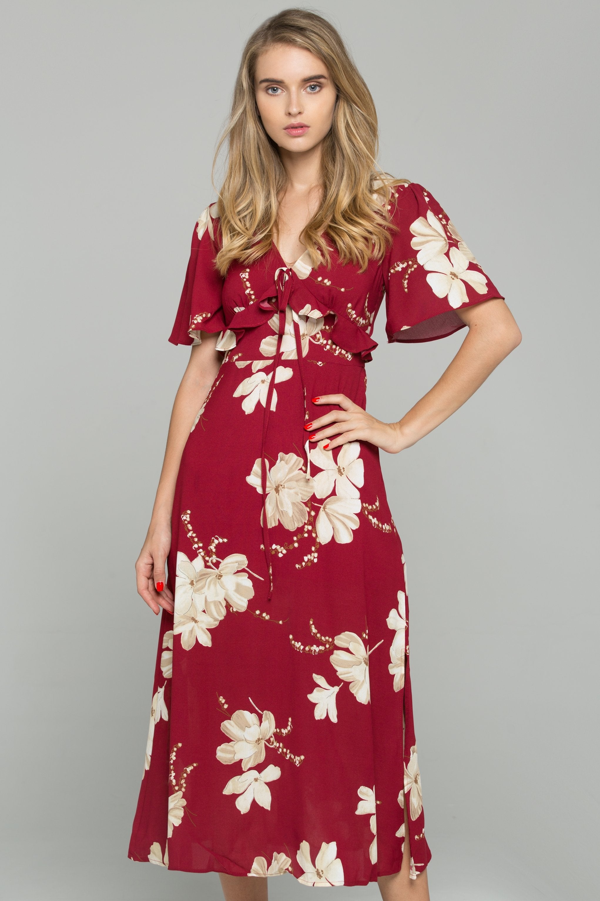 Red V-Neck Floral Print Drawstring Ruffled Midi Dress - ownthelooks-Development