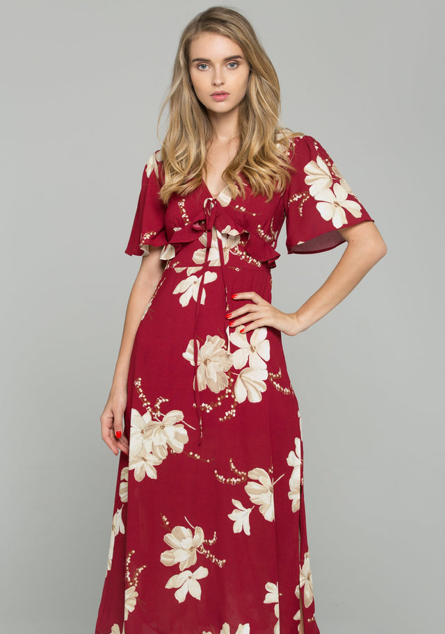 Red V-Neck Floral Print Drawstring Ruffled Midi Dress - ownthelooks-Development