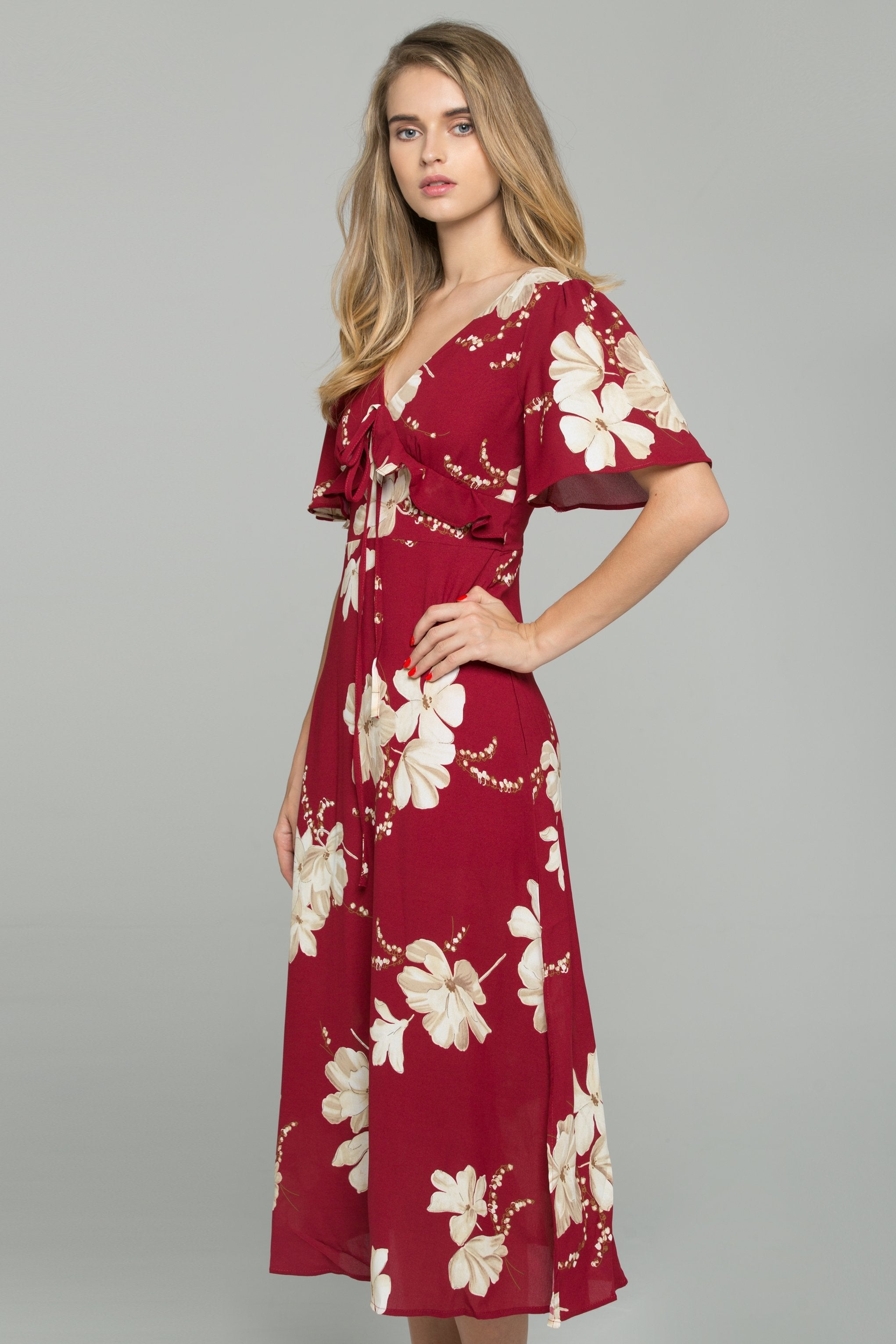 Red V-Neck Floral Print Drawstring Ruffled Midi Dress - ownthelooks-Development