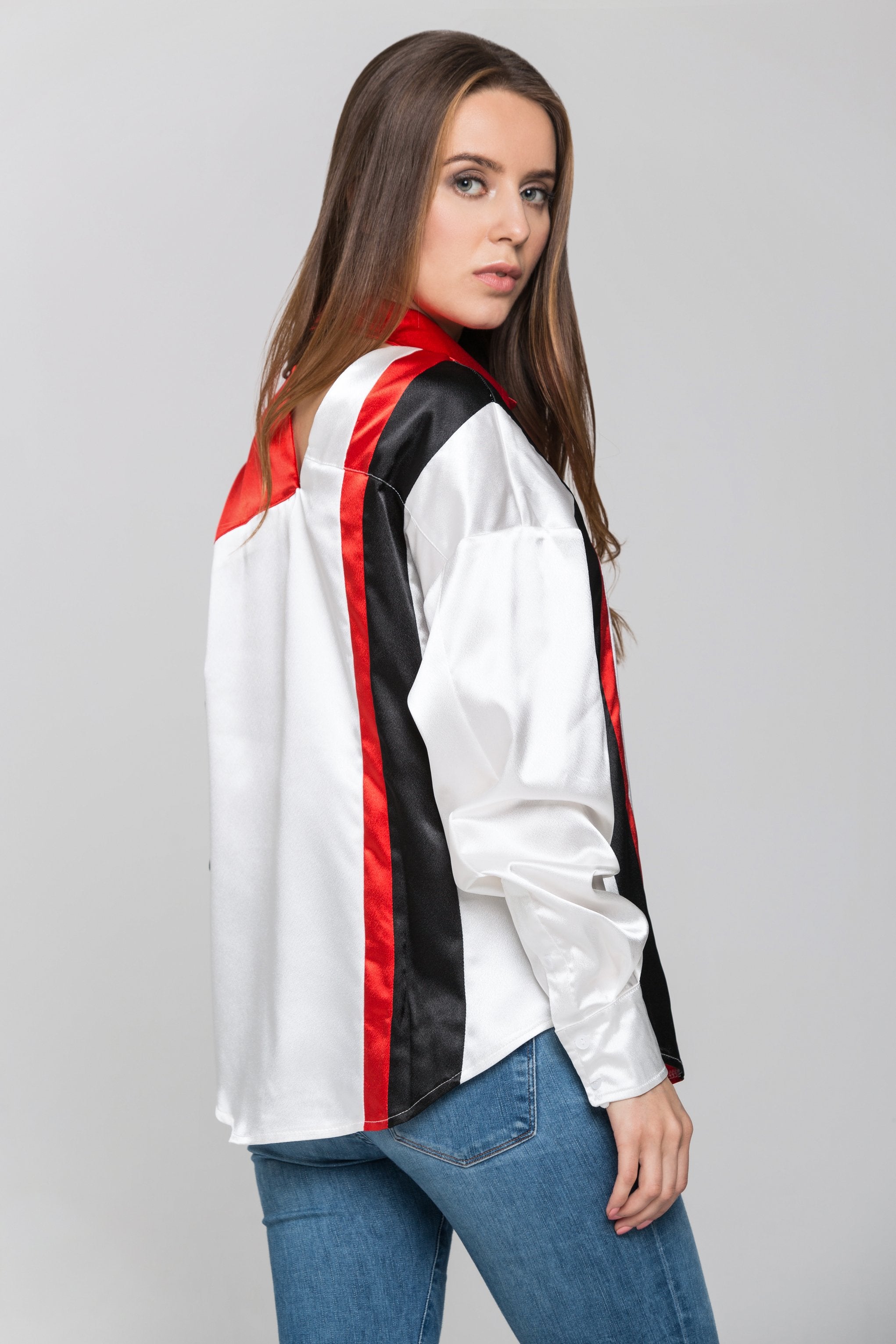 Red White and Black Asymmetric Button Up Top - ownthelooks-Development