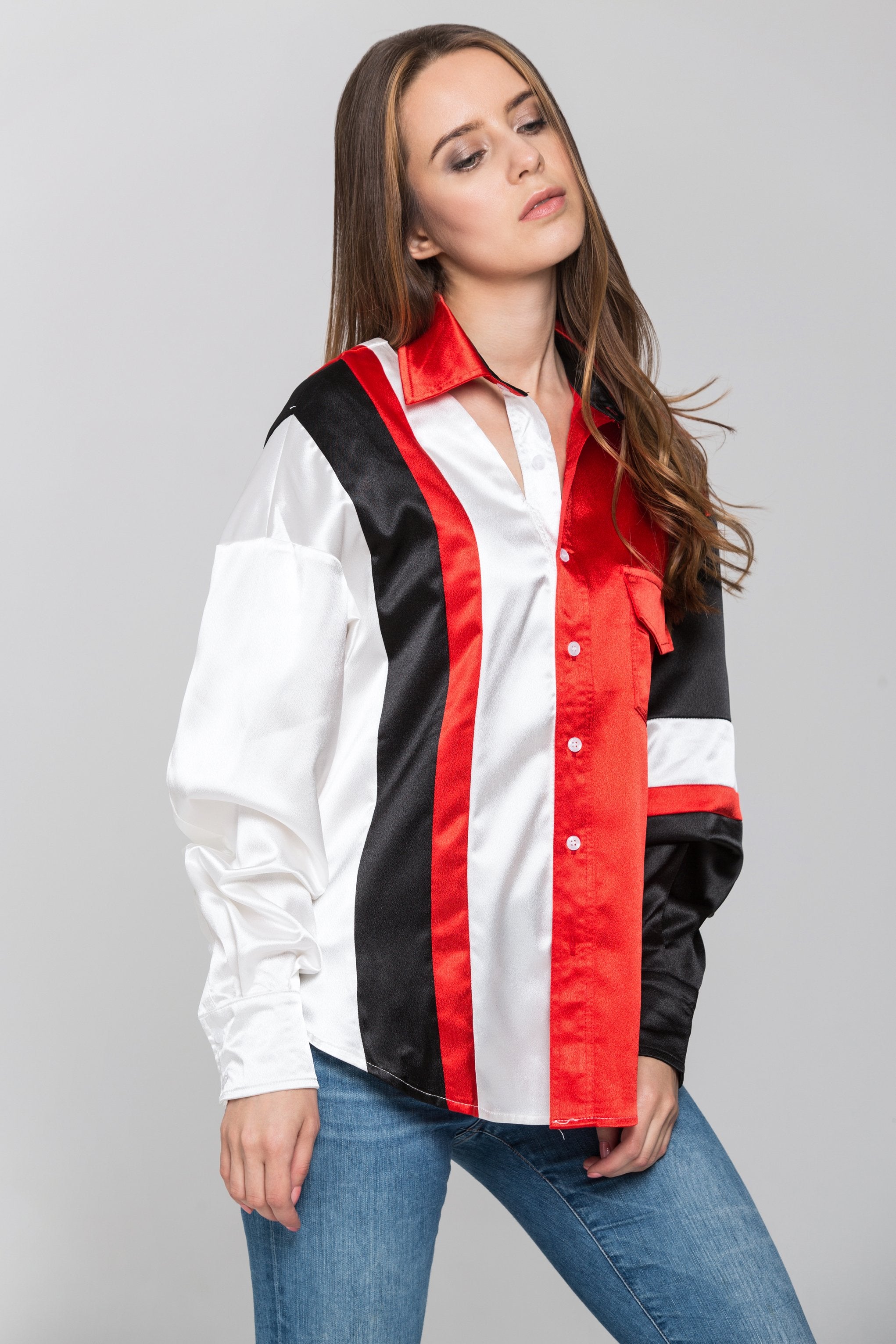 Red White and Black Asymmetric Button Up Top - ownthelooks-Development