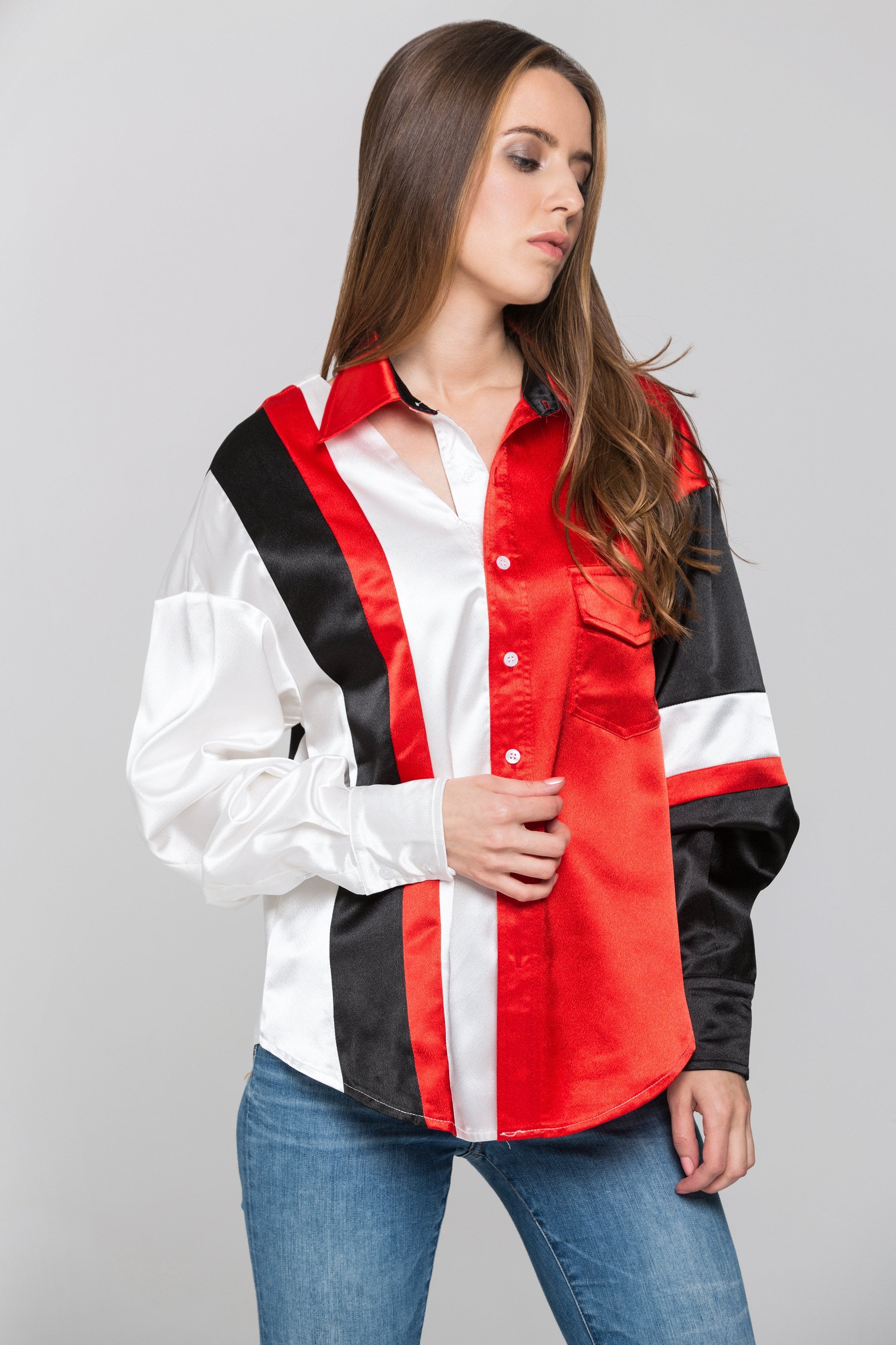 Red White and Black Asymmetric Button Up Top - ownthelooks-Development