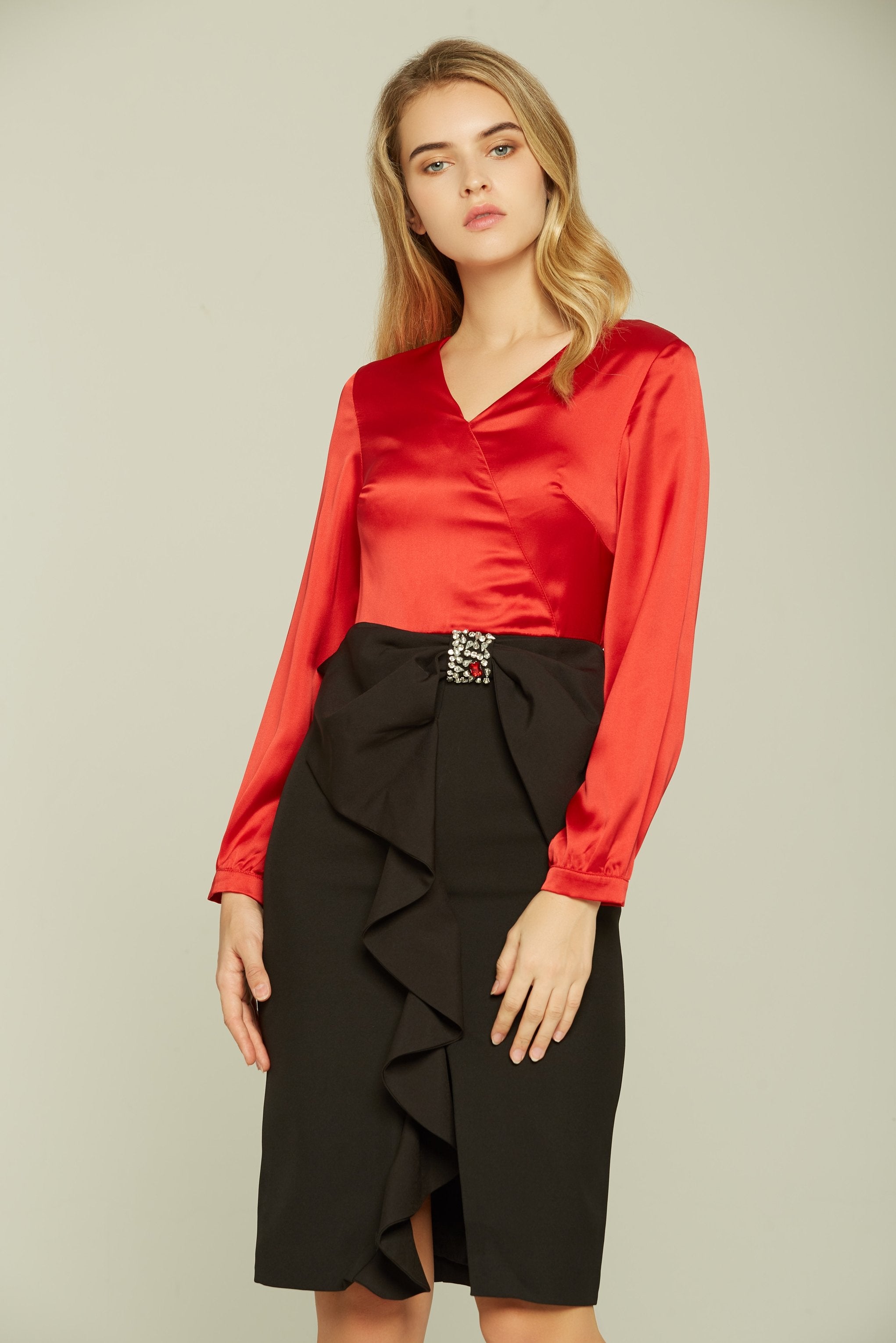 Red and Black Color-block Bow-detail Dress - ownthelooks-Development