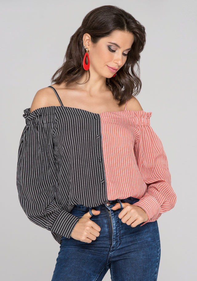 Black and Red Contrast Cold Shoulder Top - ownthelooks-Development