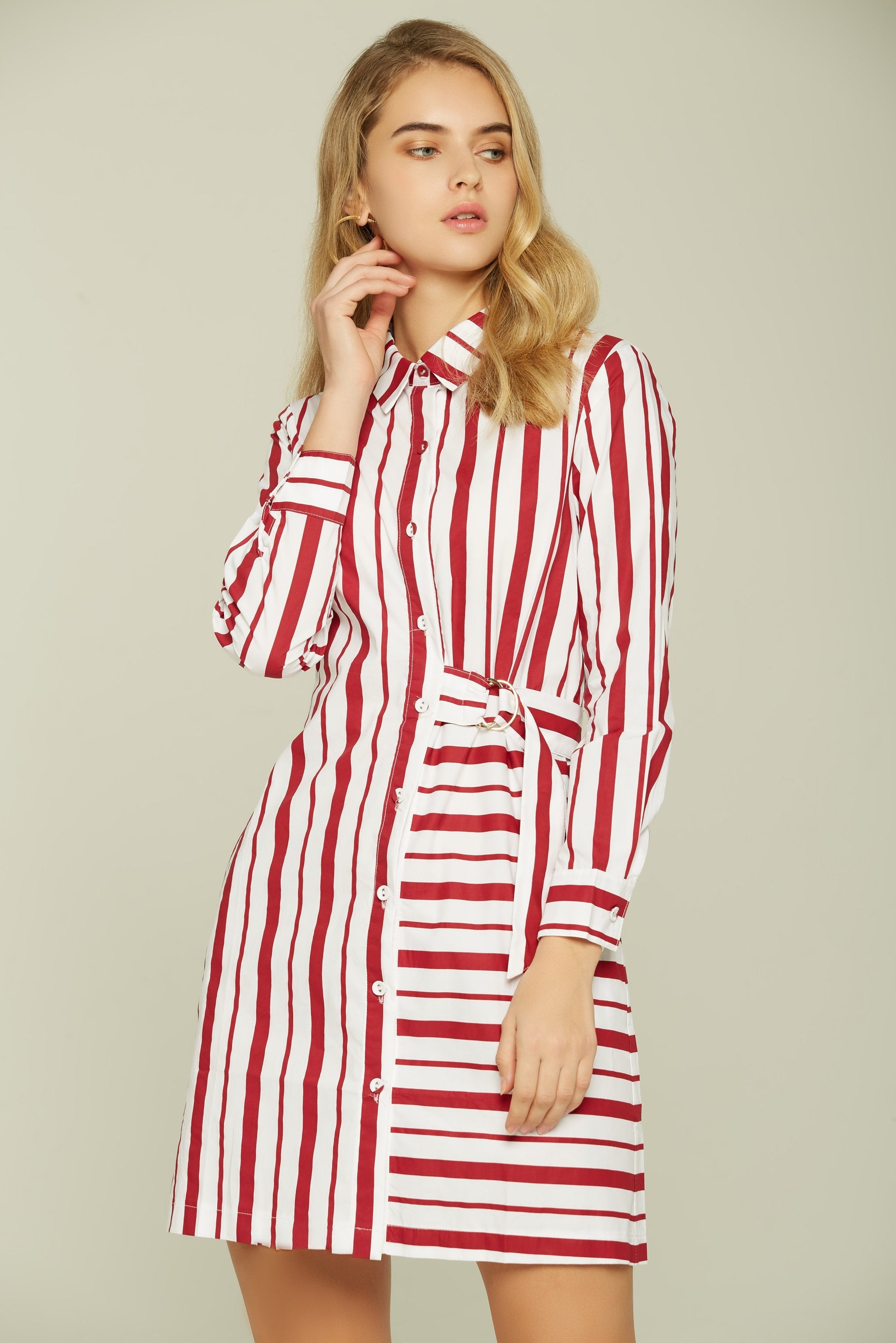 Red and White Candy Stripes Button-up Mini Dress - ownthelooks-Development