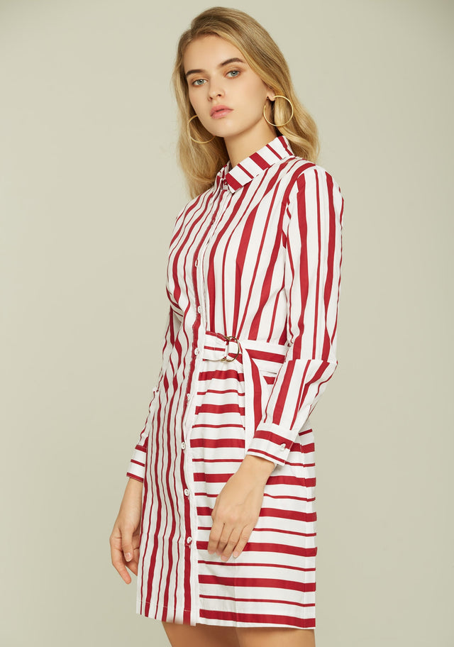 Red and White Candy Stripes Button-up Mini Dress - ownthelooks-Development
