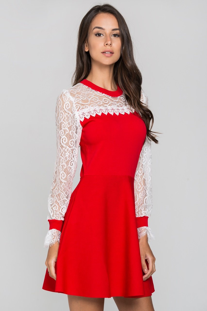Red and White Lace Yoke Crew Neck Peplum Mini Dress - ownthelooks-Development