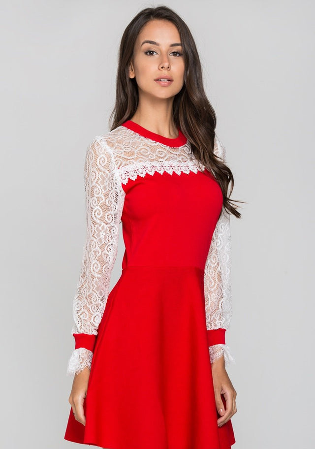 Red and White Lace Yoke Crew Neck Peplum Mini Dress - ownthelooks-Development