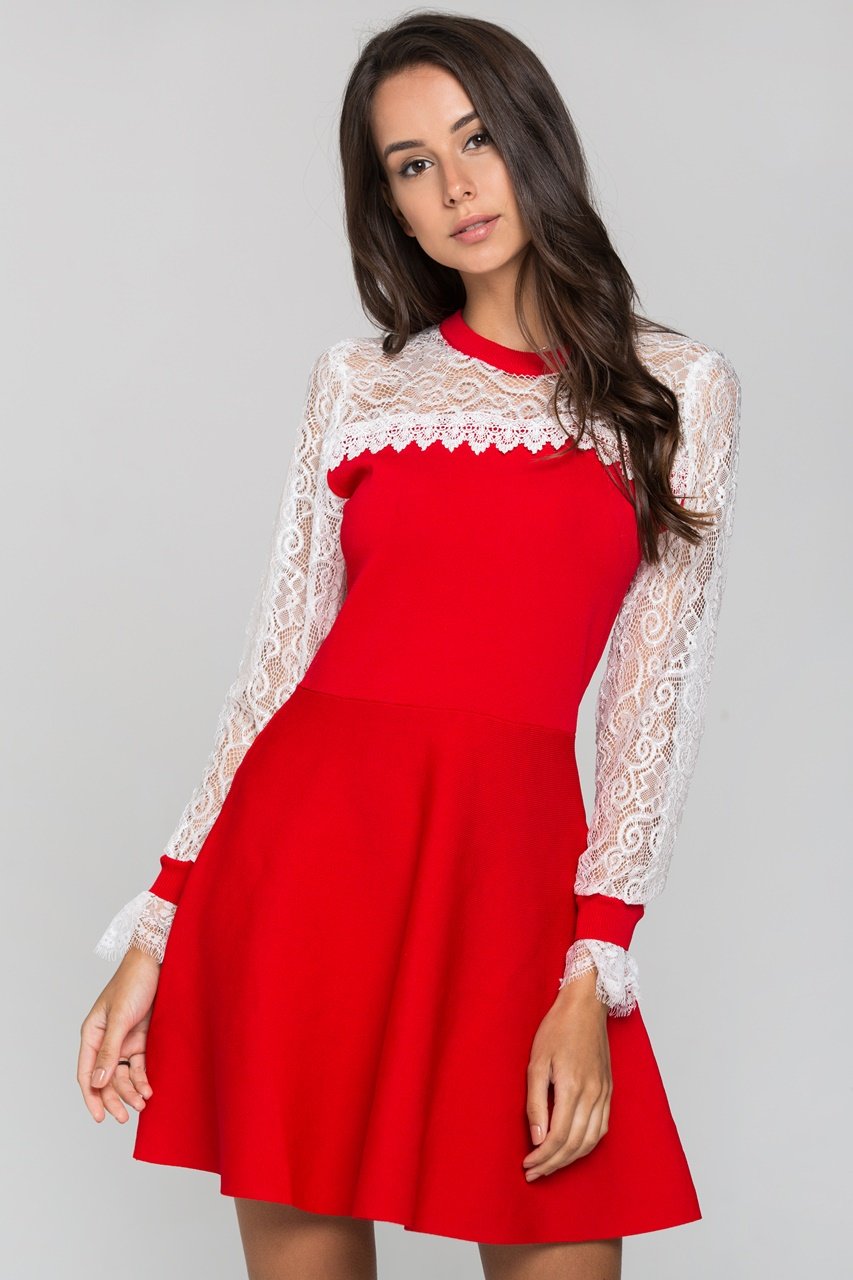 Red and White Lace Yoke Crew Neck Peplum Mini Dress - ownthelooks-Development