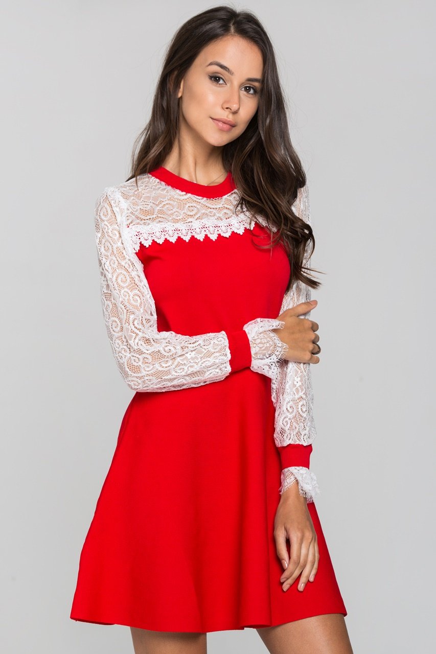 Red and White Lace Yoke Crew Neck Peplum Mini Dress - ownthelooks-Development