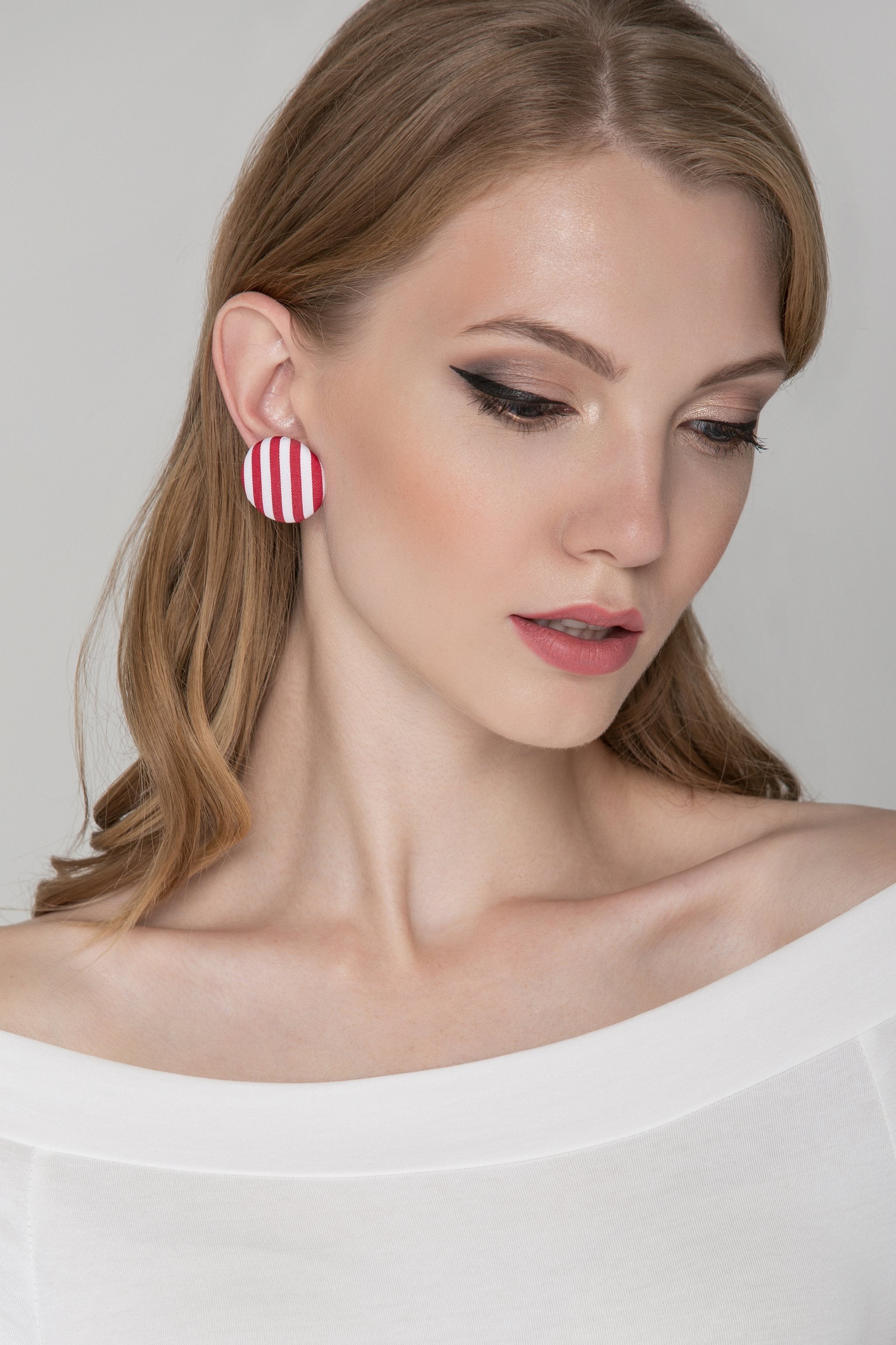 Red and White Stripe Button Earrings - ownthelooks-Development