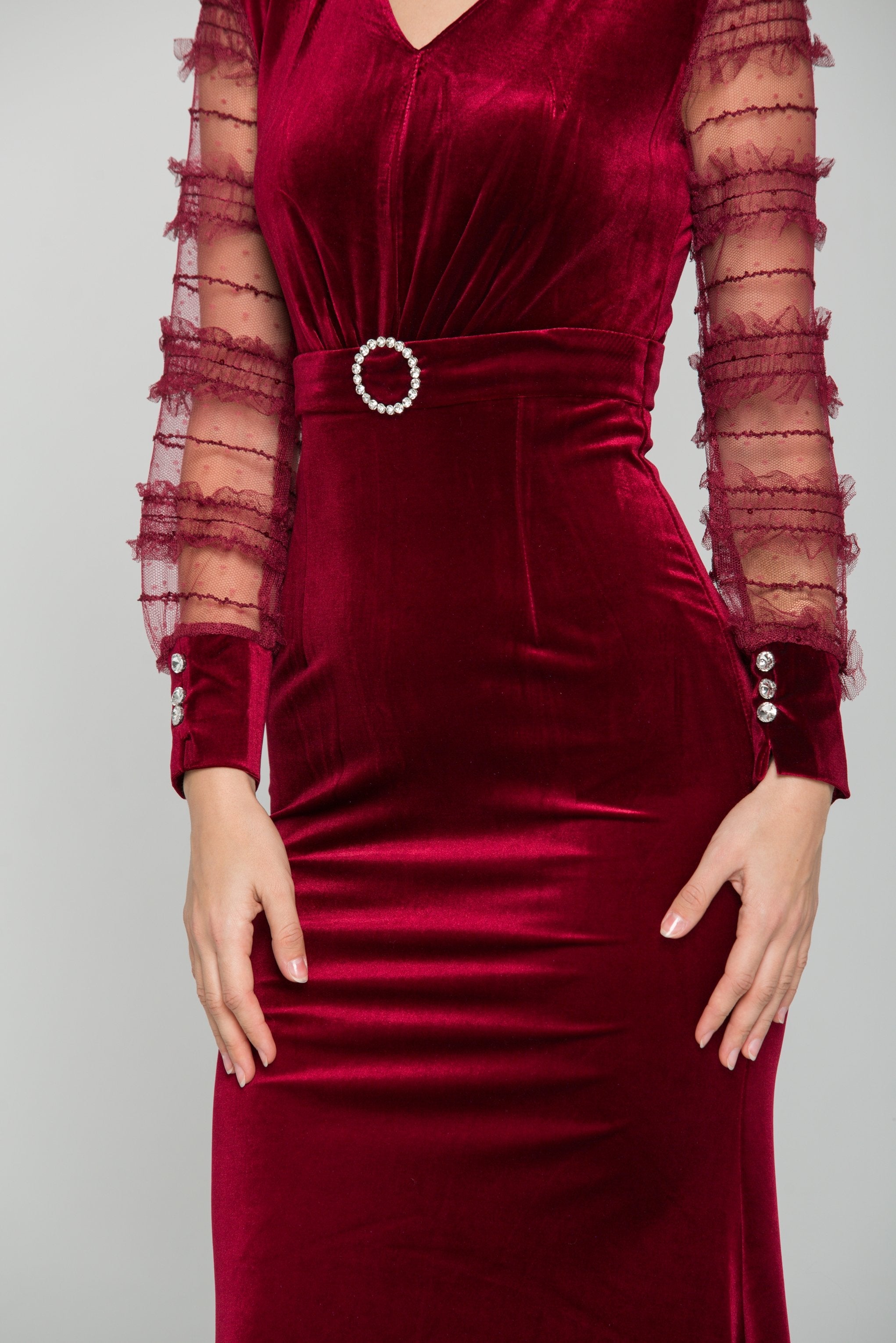 Rich Red Velvet Sheer Ruffle Sleeve Maxi Dress - ownthelooks-Development