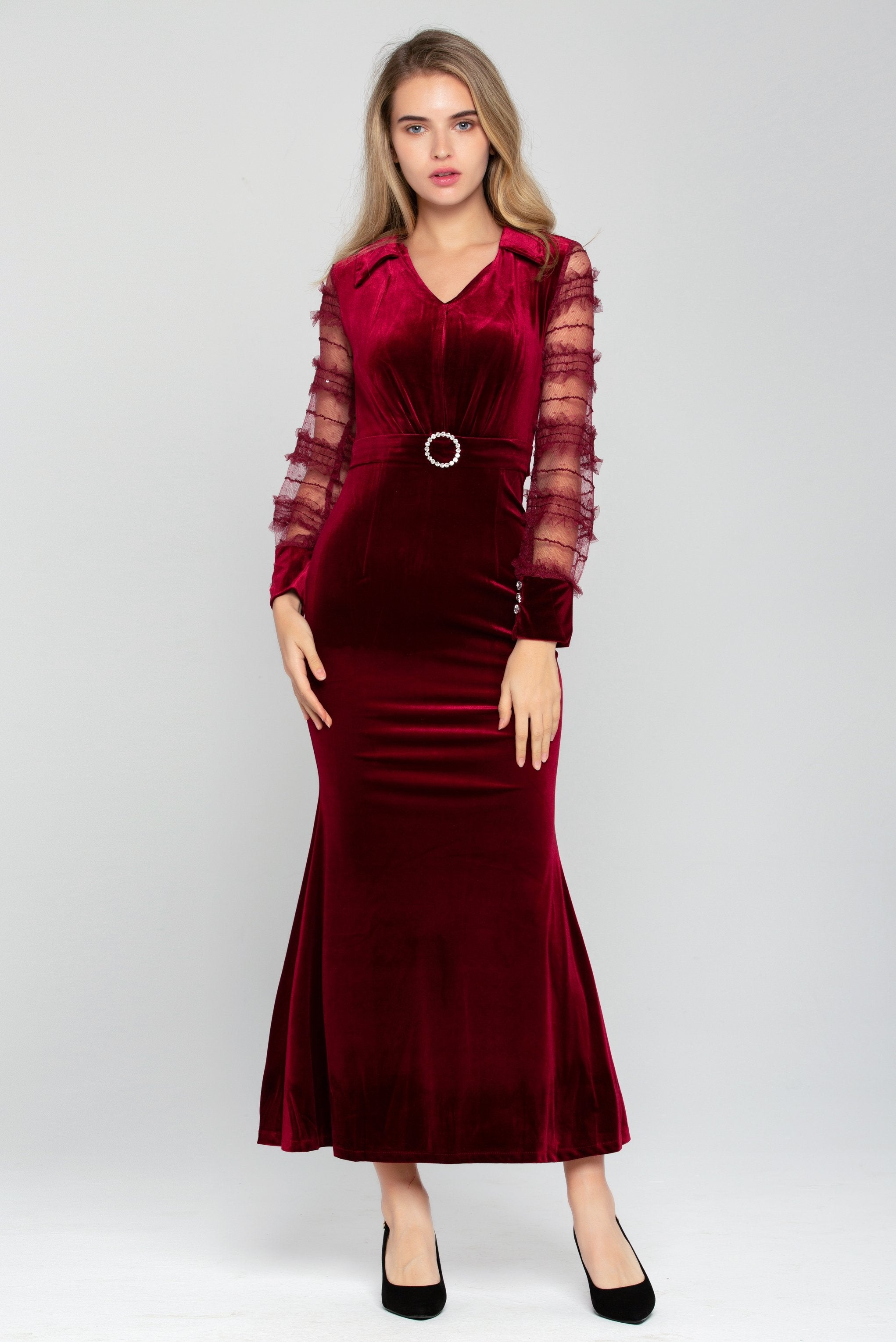 Rich Red Velvet Sheer Ruffle Sleeve Maxi Dress - ownthelooks-Development