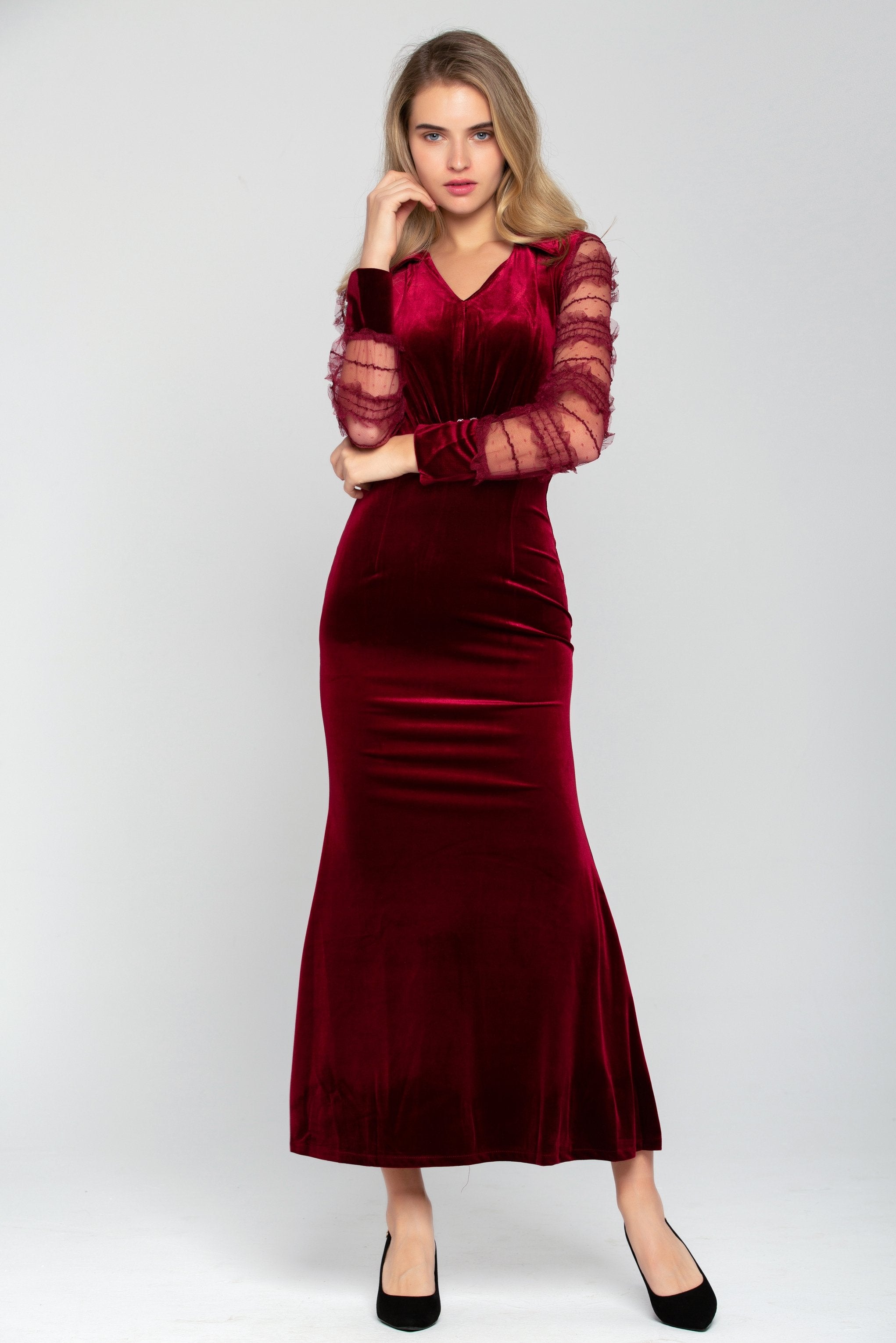 Rich Red Velvet Sheer Ruffle Sleeve Maxi Dress - ownthelooks-Development