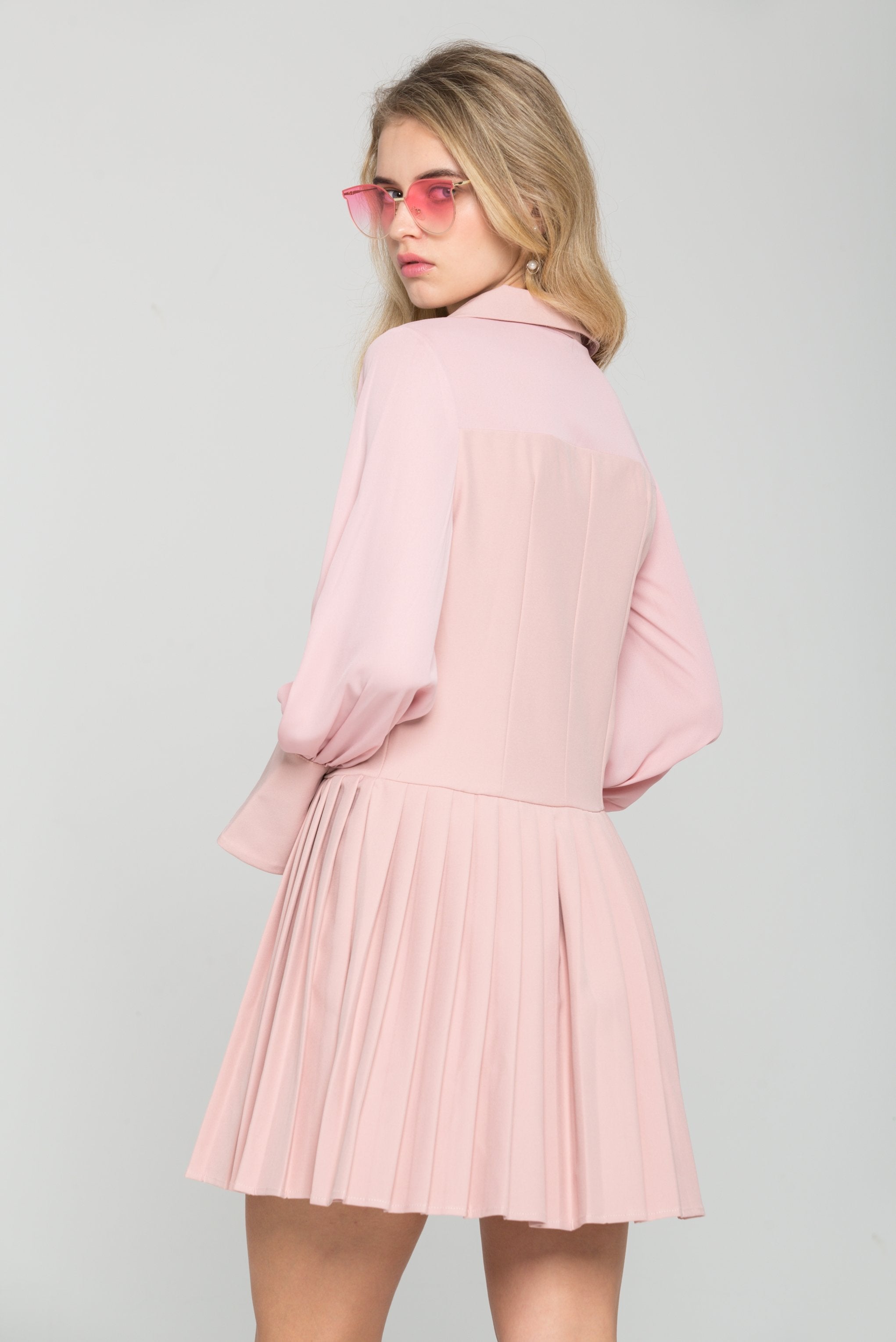 Rose Pink Sleeves Pleated Blazer Dress - ownthelooks-Development