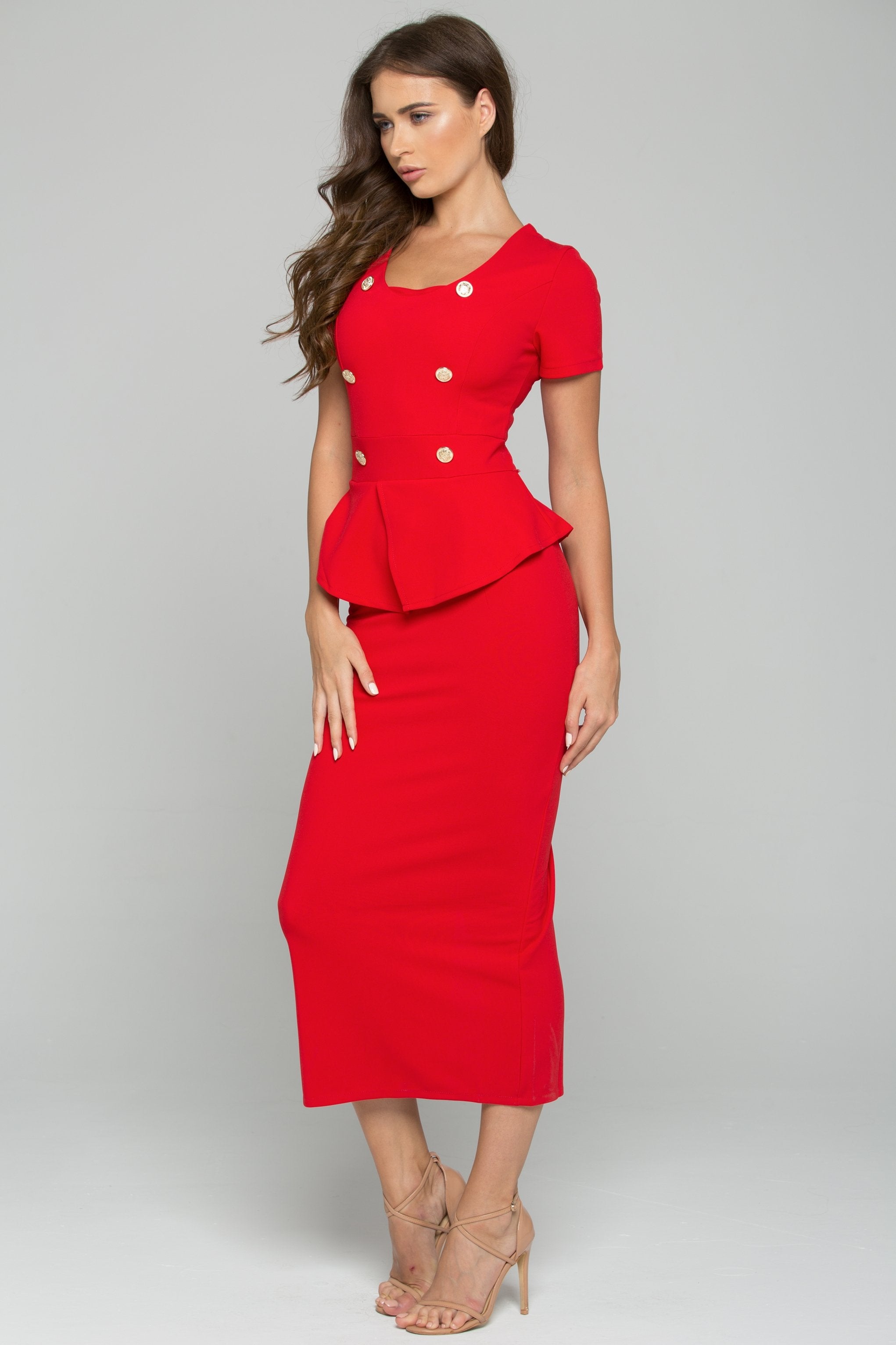 Rose Red Sheath Peplum Short Sleeve Maxi Dress - ownthelooks-Development