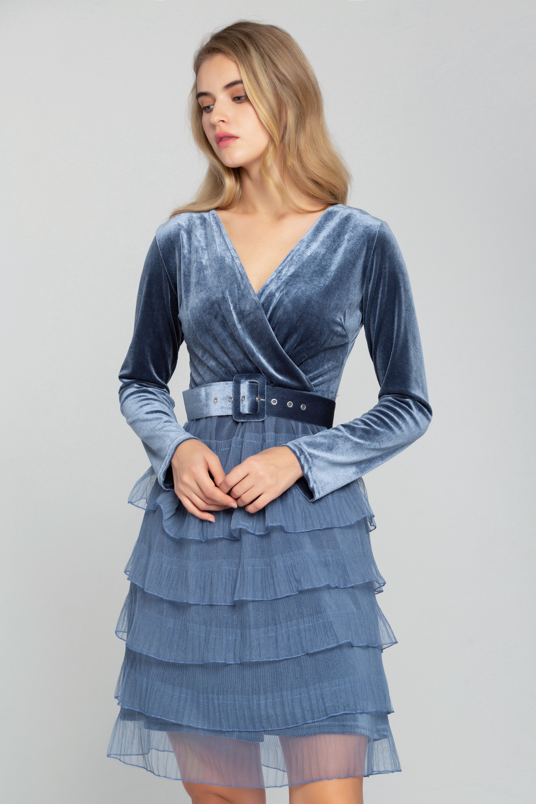 Sapphire Blue Full Sleeves Tiered Tulle Dress - ownthelooks-Development