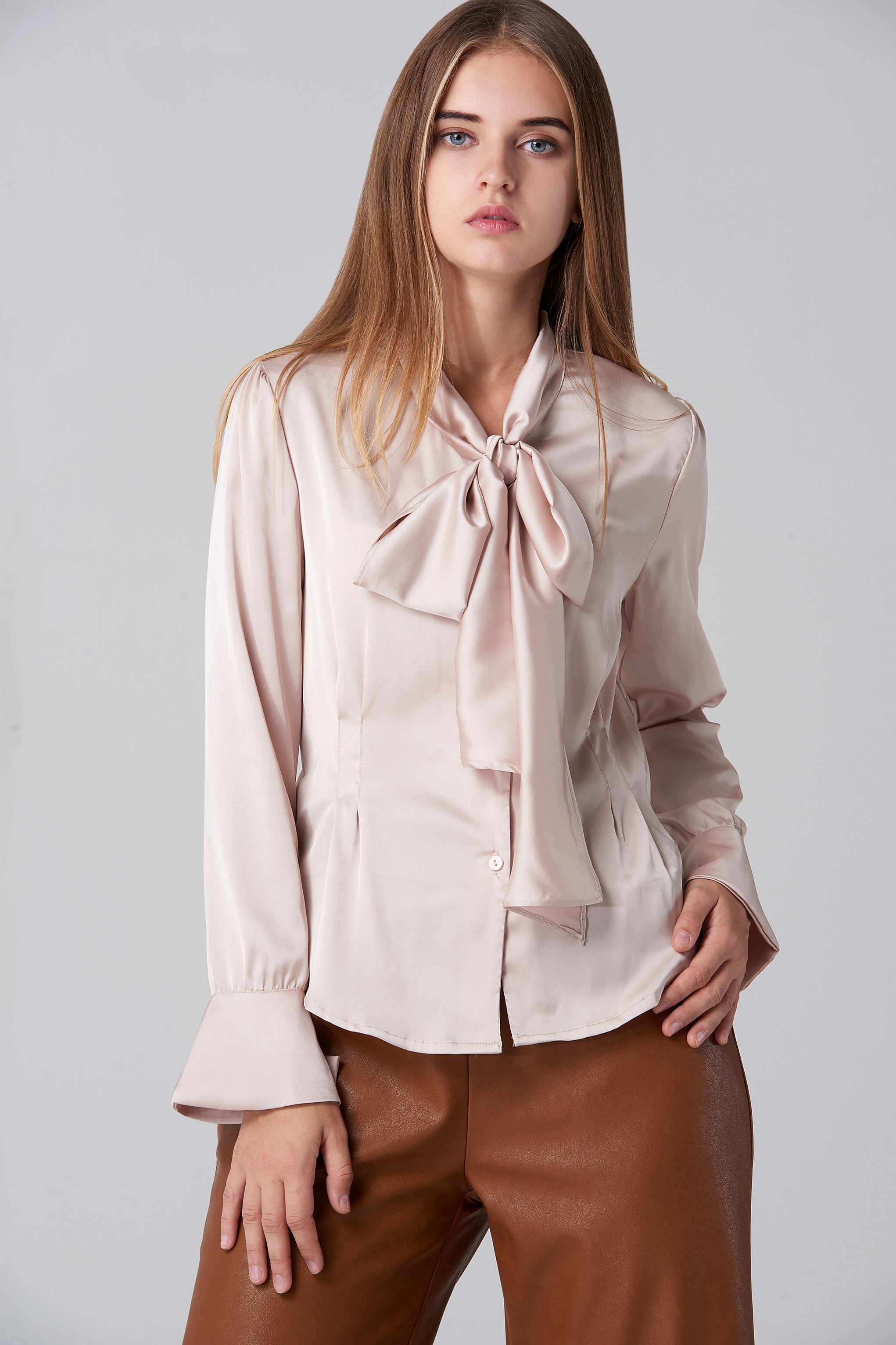 Silk BlushTie Neck Sleeved Top - ownthelooks-Development
