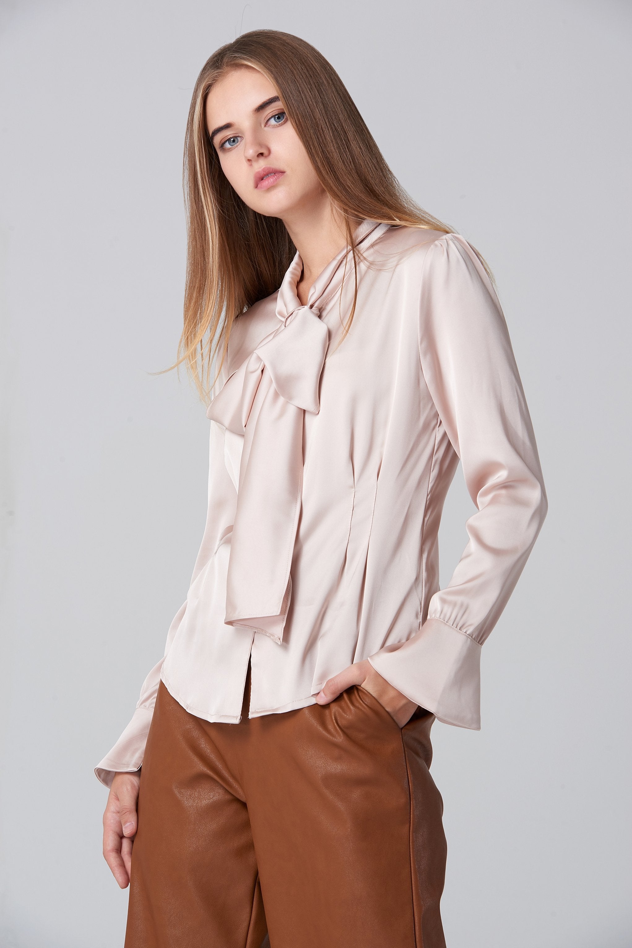 Silk BlushTie Neck Sleeved Top - ownthelooks-Development