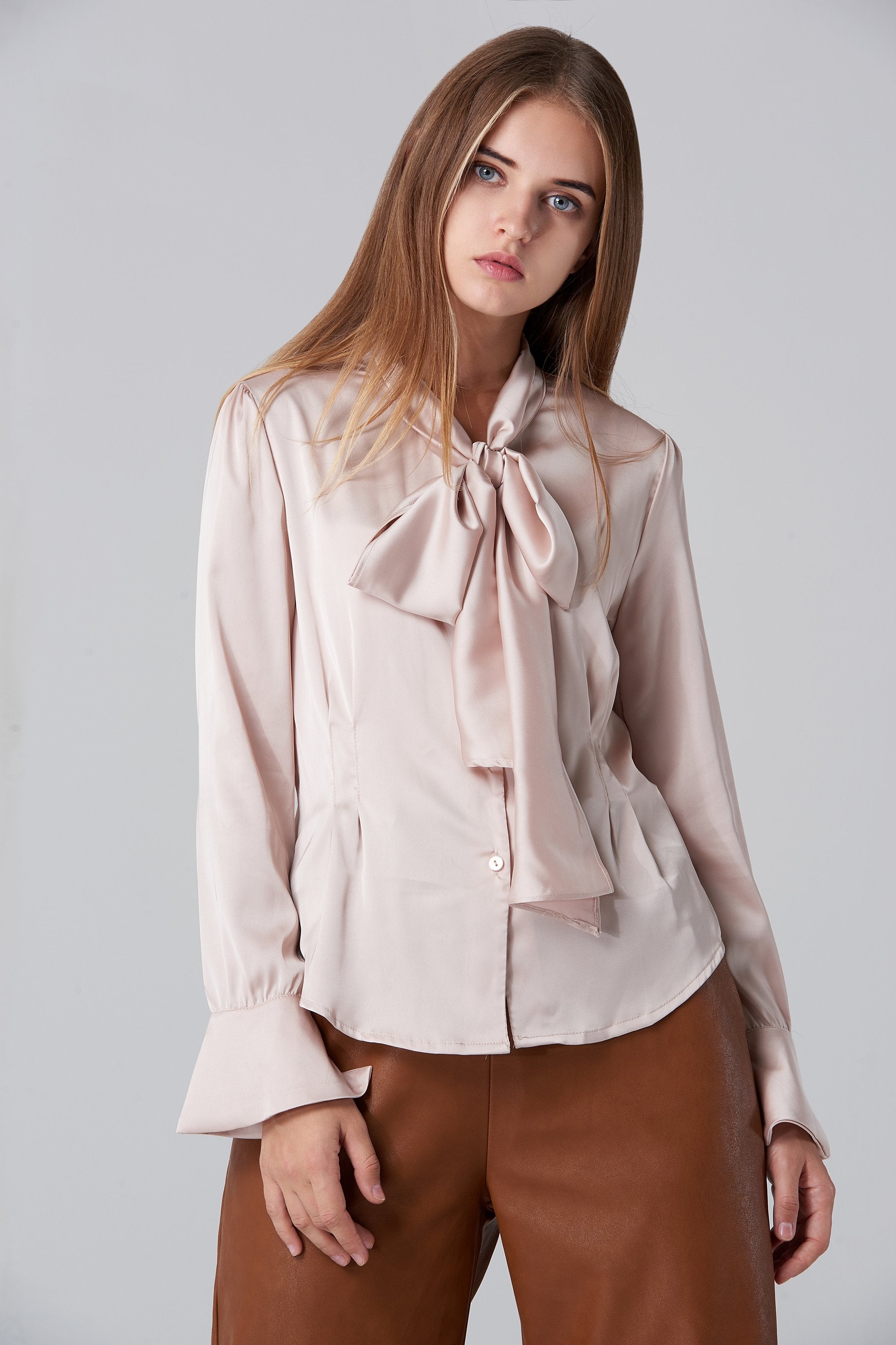 Silk BlushTie Neck Sleeved Top - ownthelooks-Development