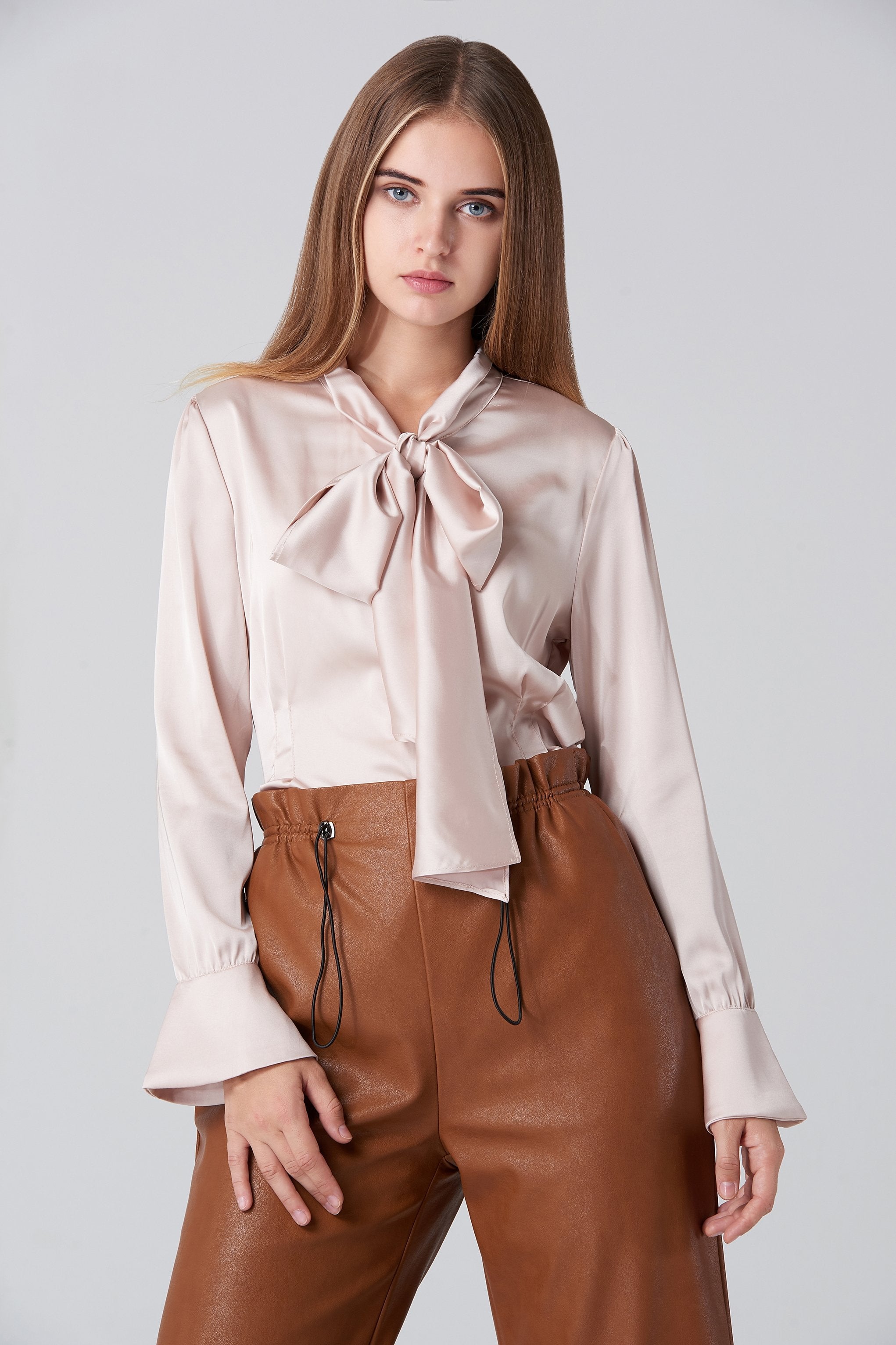Silk BlushTie Neck Sleeved Top - ownthelooks-Development