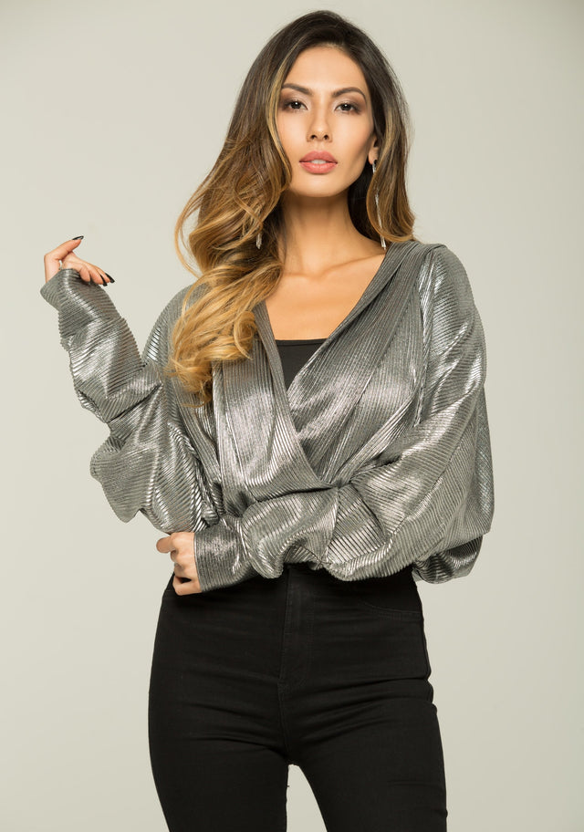 Silver Ribbed Deep V-neck Top - ownthelooks-Development