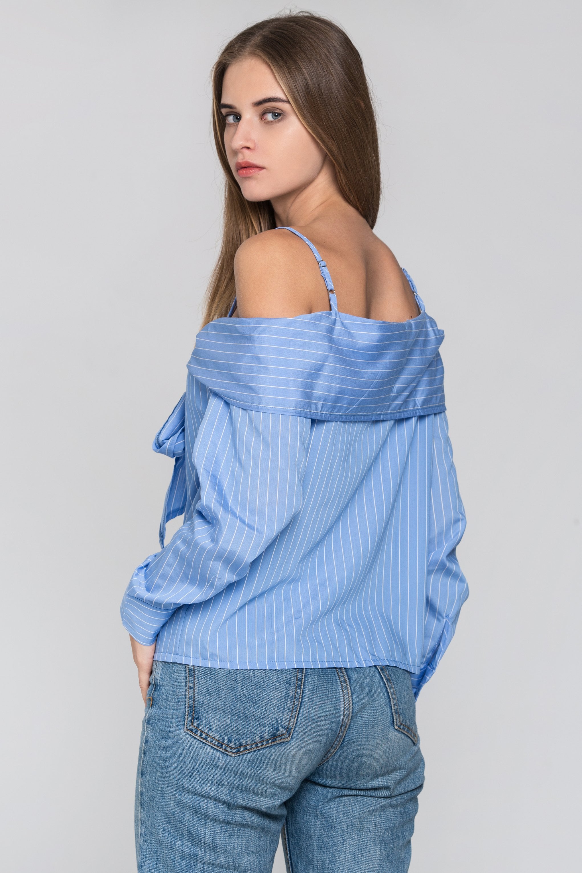 Sky Blue Pin Stripes Cold Shoulder Tie Bandeau Top - ownthelooks-Development