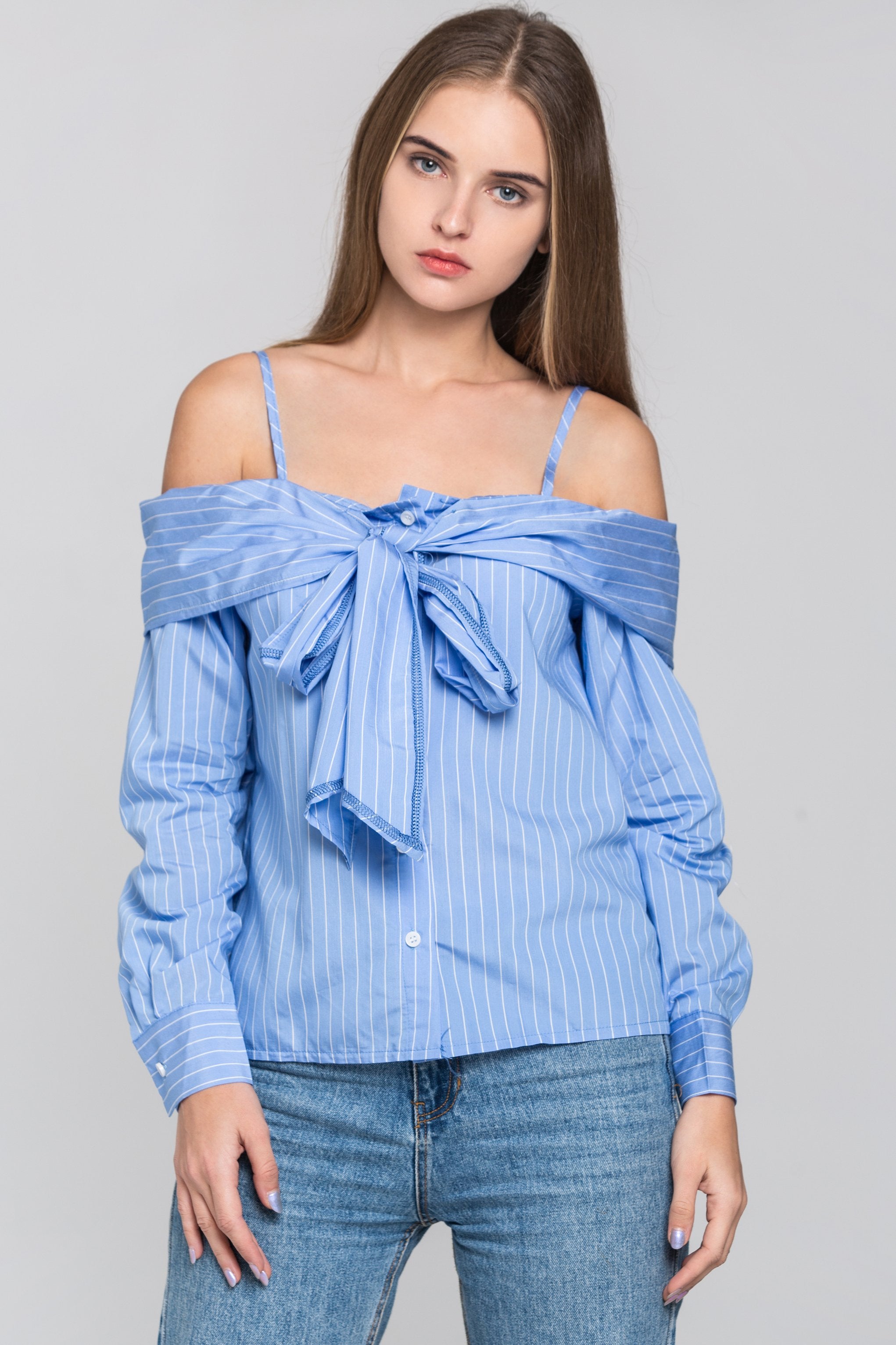 Sky Blue Pin Stripes Cold Shoulder Tie Bandeau Top - ownthelooks-Development