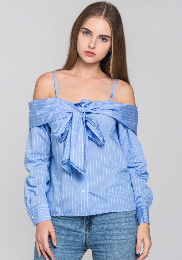 Sky Blue Pin Stripes Cold Shoulder Tie Bandeau Top - ownthelooks-Development