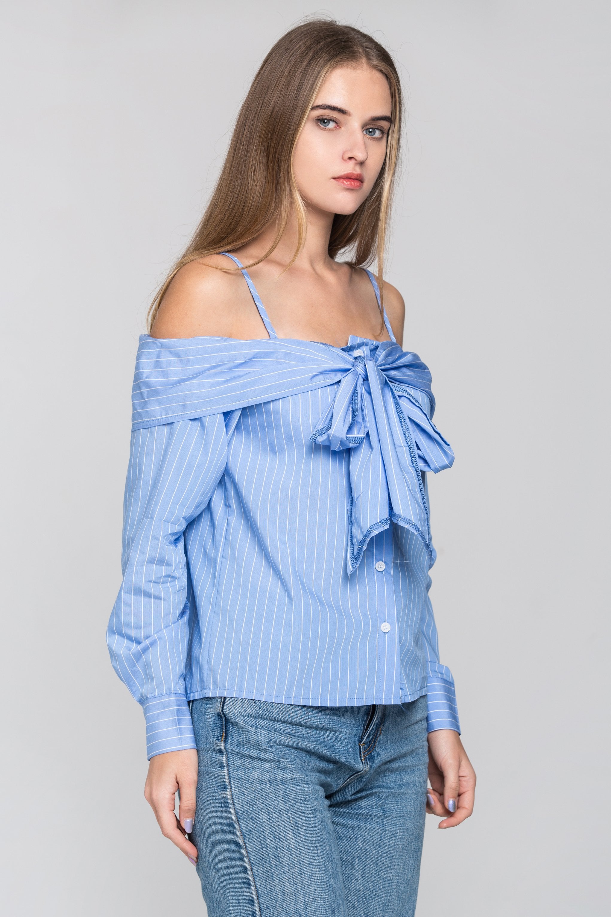 Sky Blue Pin Stripes Cold Shoulder Tie Bandeau Top - ownthelooks-Development