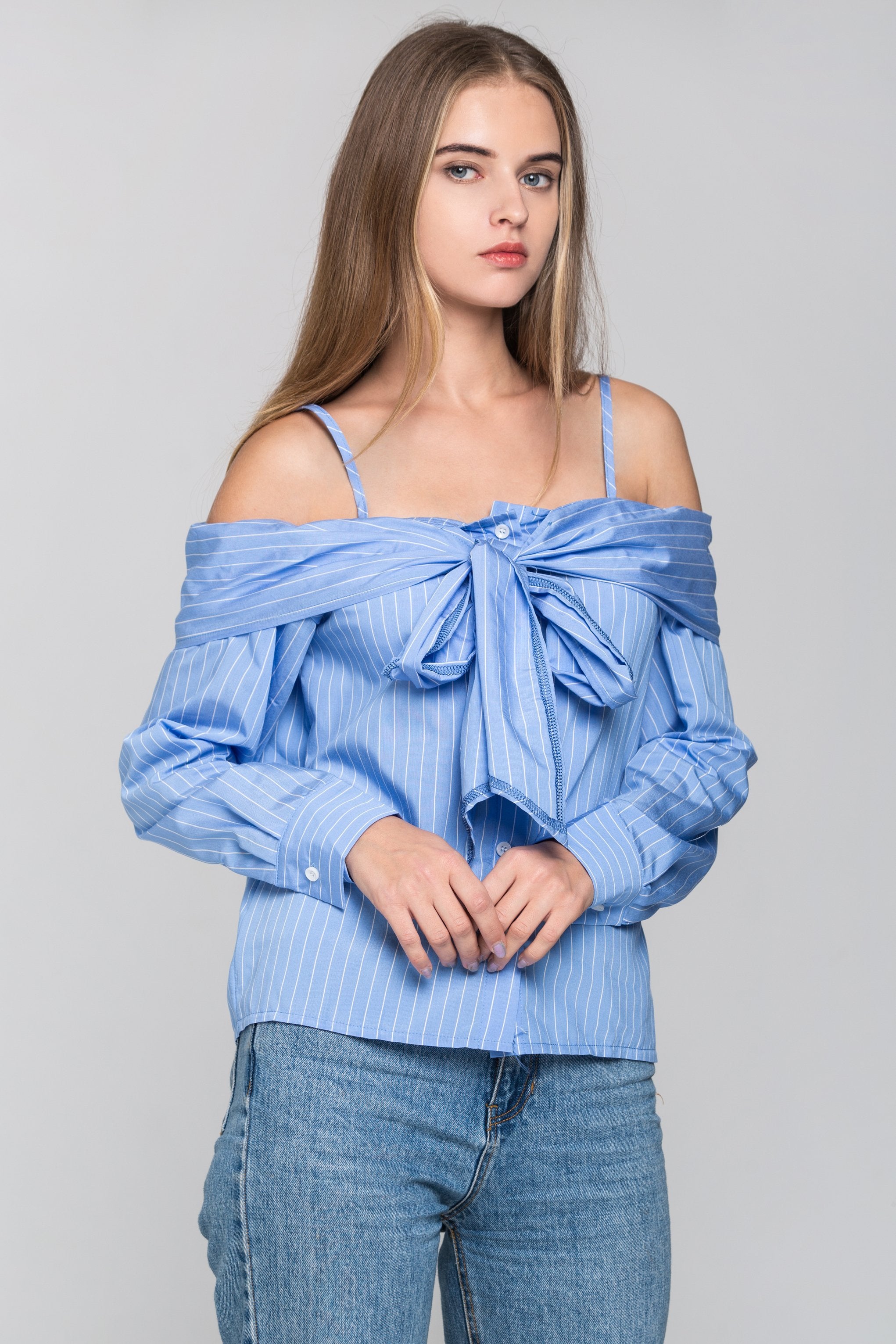 Sky Blue Pin Stripes Cold Shoulder Tie Bandeau Top - ownthelooks-Development
