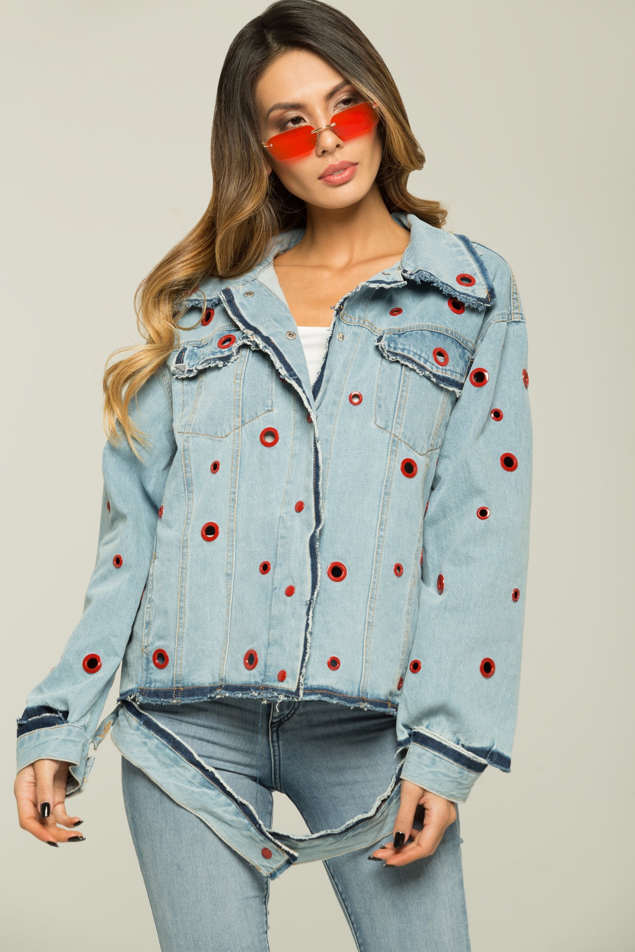 Sky Blue Red Ring Denim Jacket - ownthelooks-Development