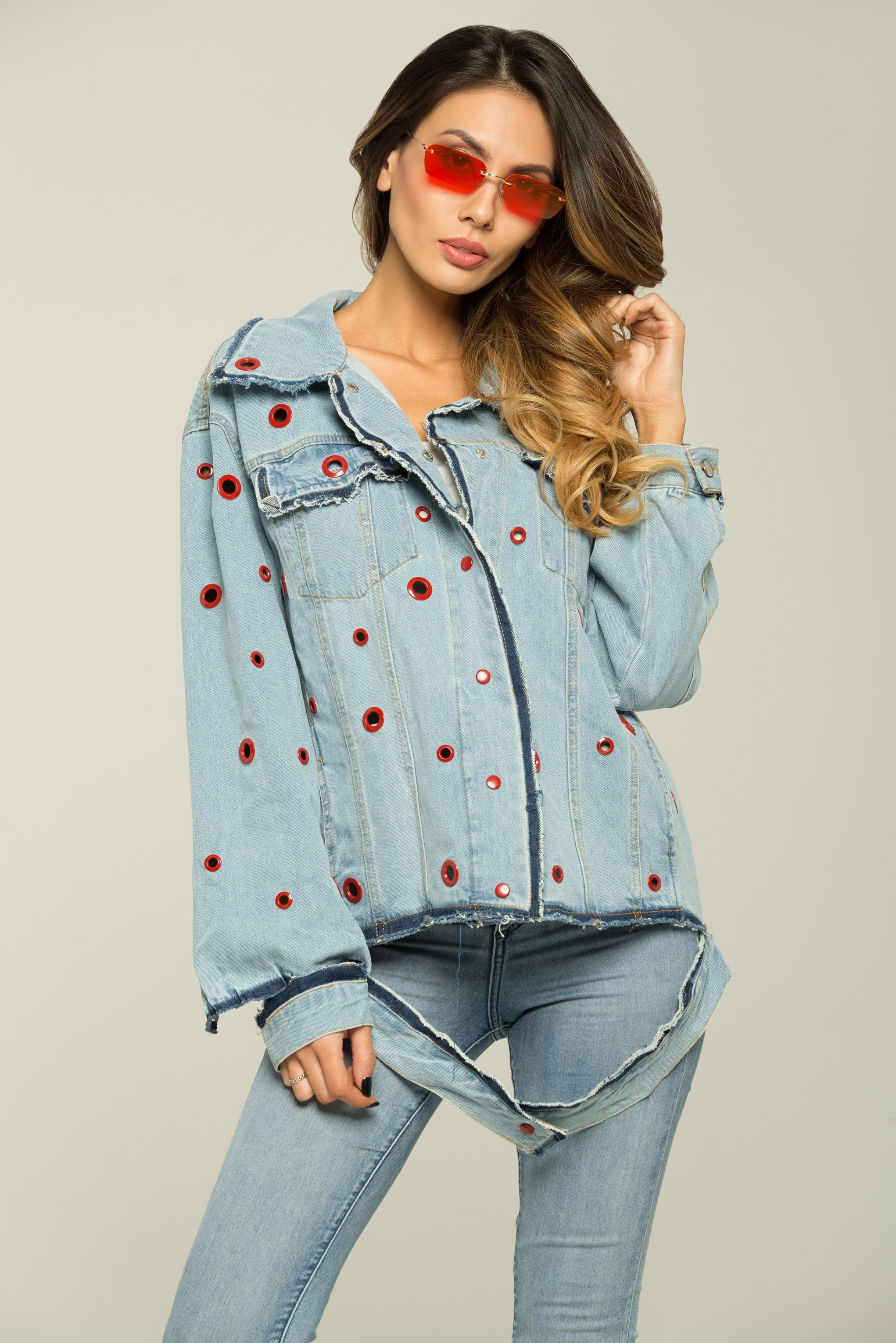 Sky Blue Red Ring Denim Jacket - ownthelooks-Development