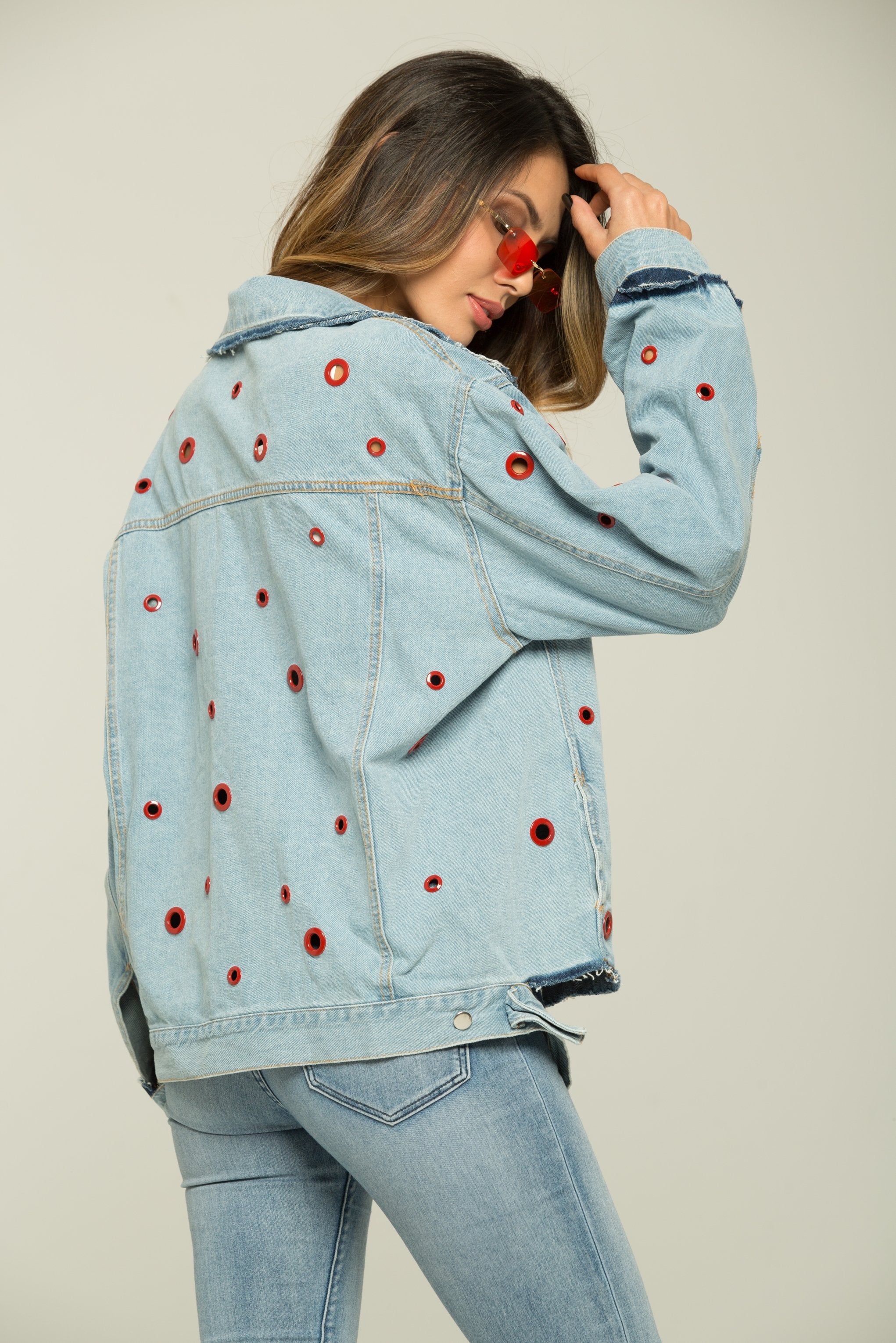 Sky Blue Red Ring Denim Jacket - ownthelooks-Development
