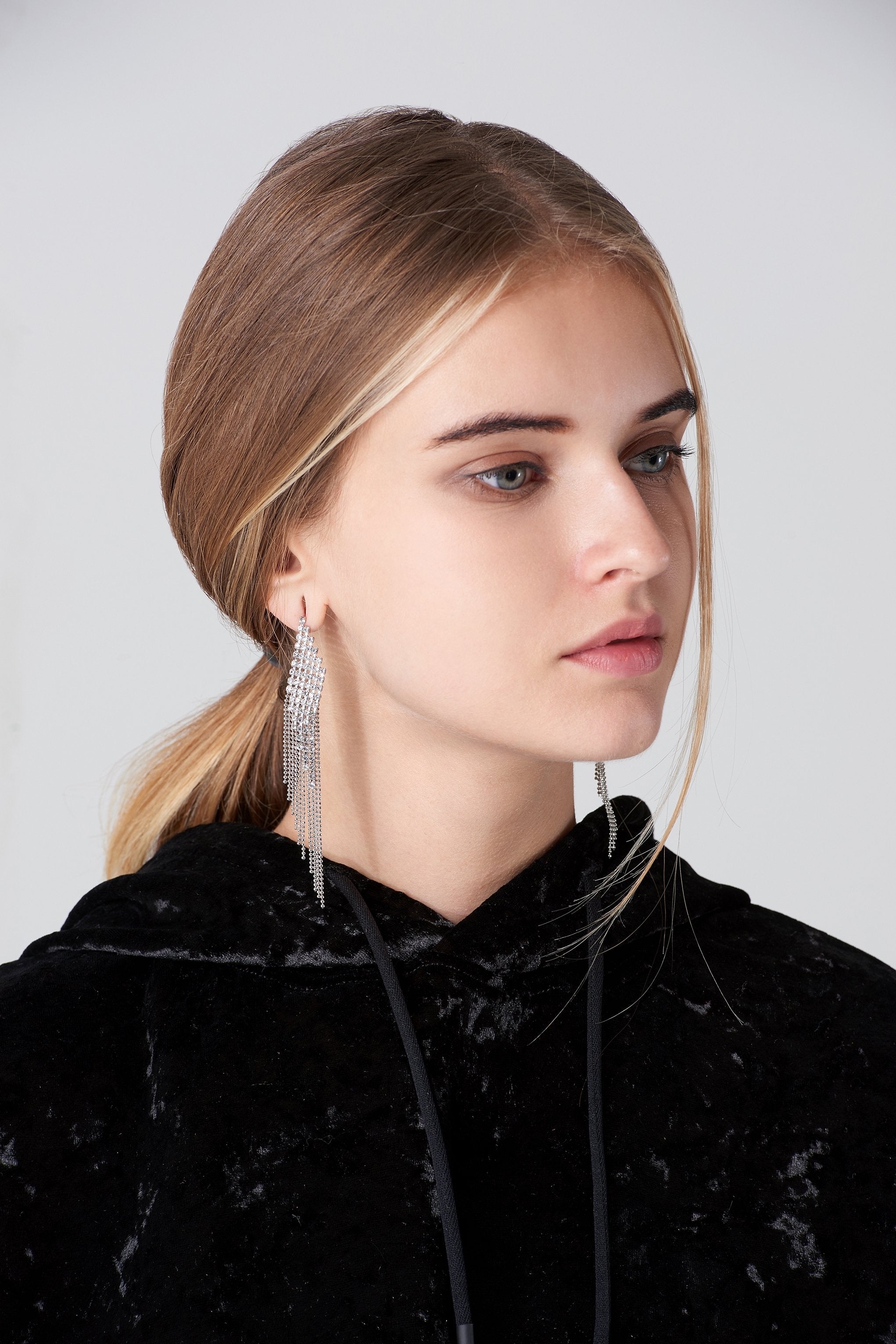 Long Studded Tassel with Silver Micro beads Strand Earrings - ownthelooks-Development