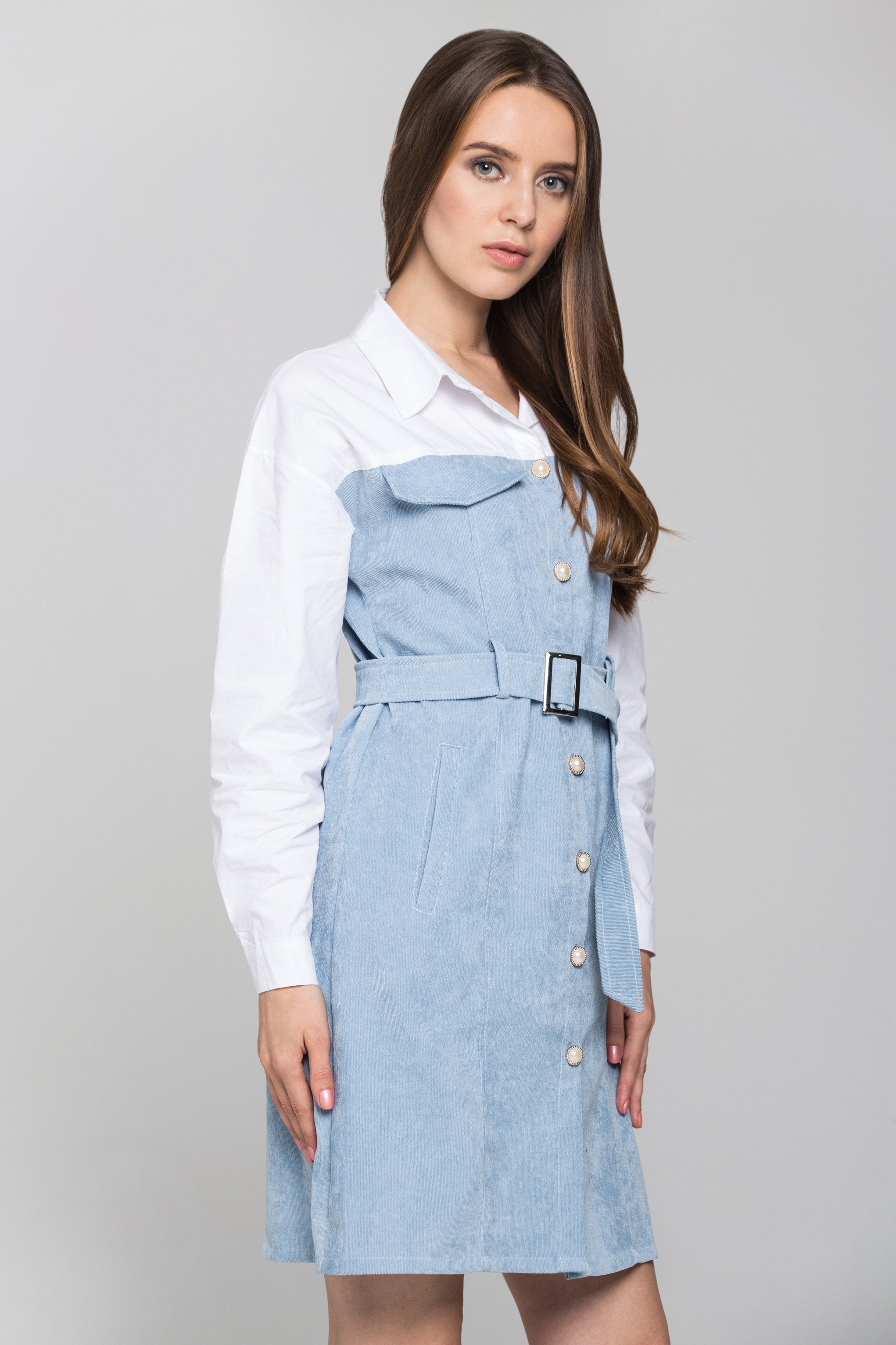 Slate Blue Chord and White Panel Belted Midi Shirt Dress - ownthelooks-Development