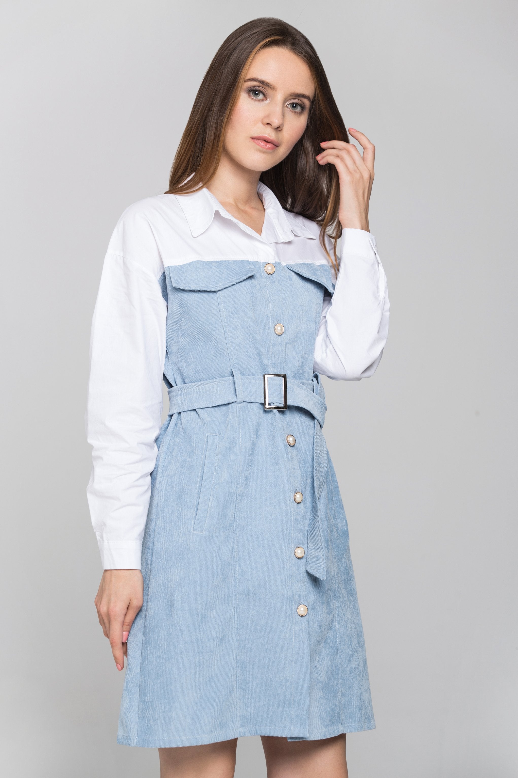 Slate Blue Chord and White Panel Belted Midi Shirt Dress - ownthelooks-Development