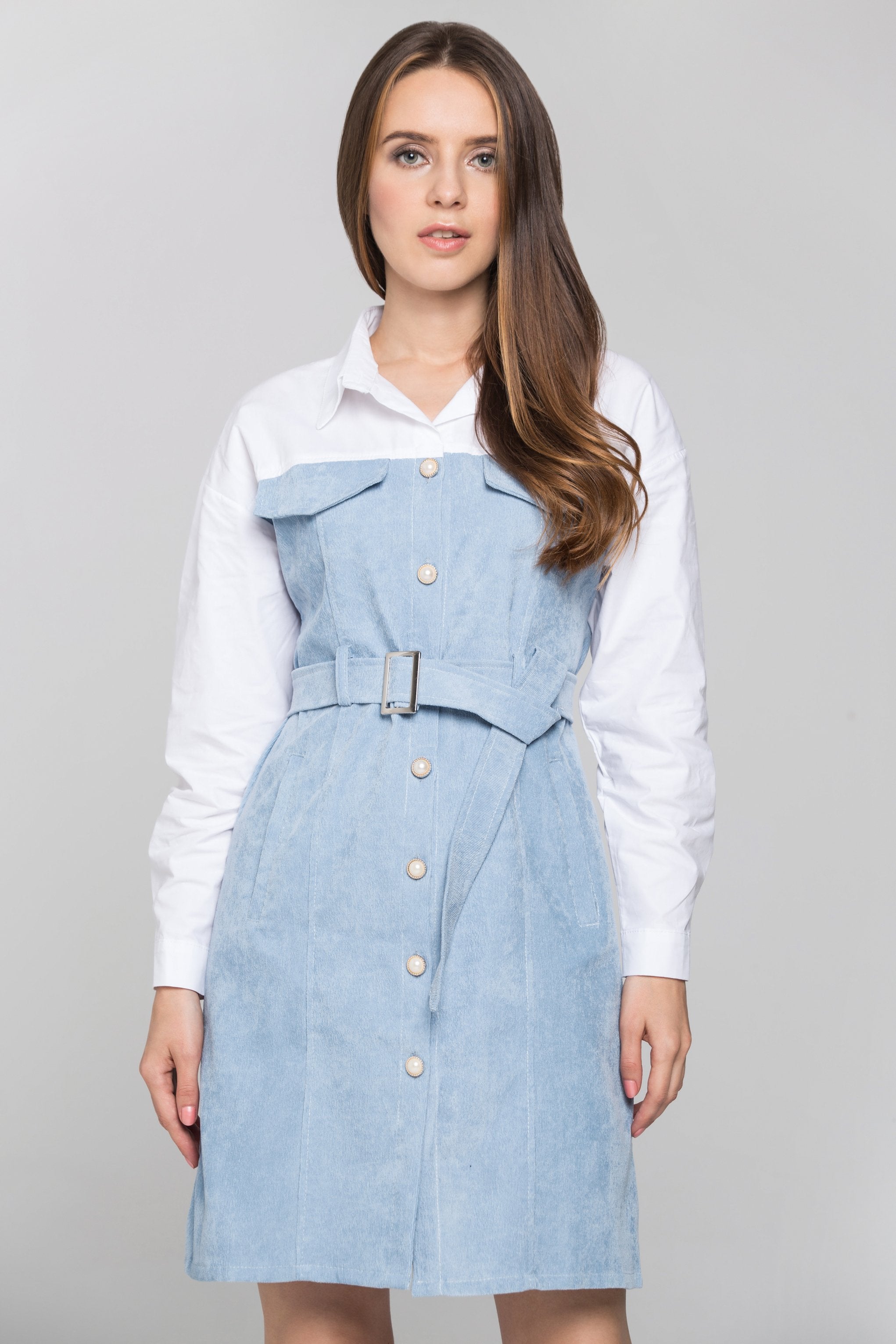 Slate Blue Chord and White Panel Belted Midi Shirt Dress - ownthelooks-Development