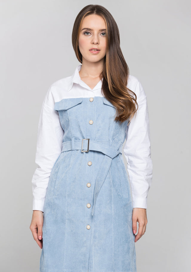 Slate Blue Chord and White Panel Belted Midi Shirt Dress - ownthelooks-Development