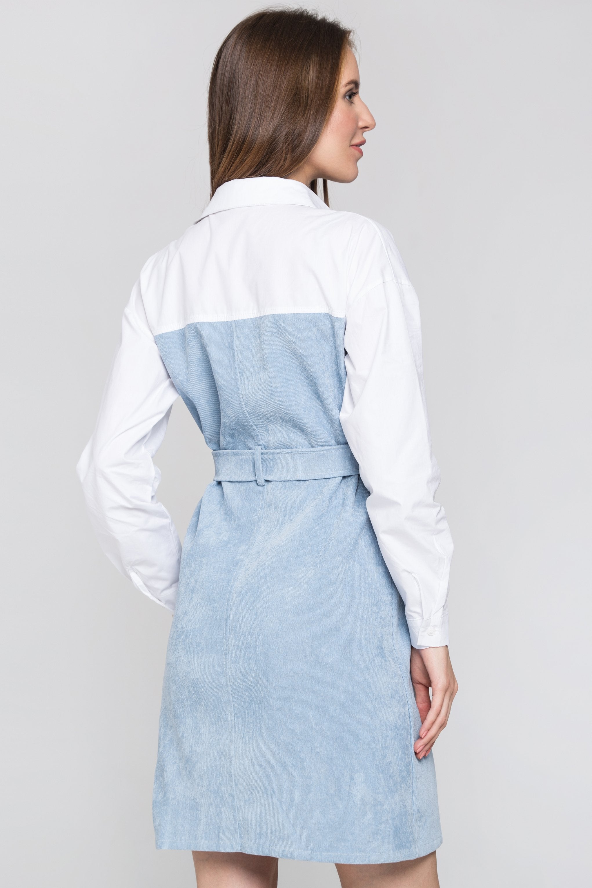 Slate Blue Chord and White Panel Belted Midi Shirt Dress - ownthelooks-Development