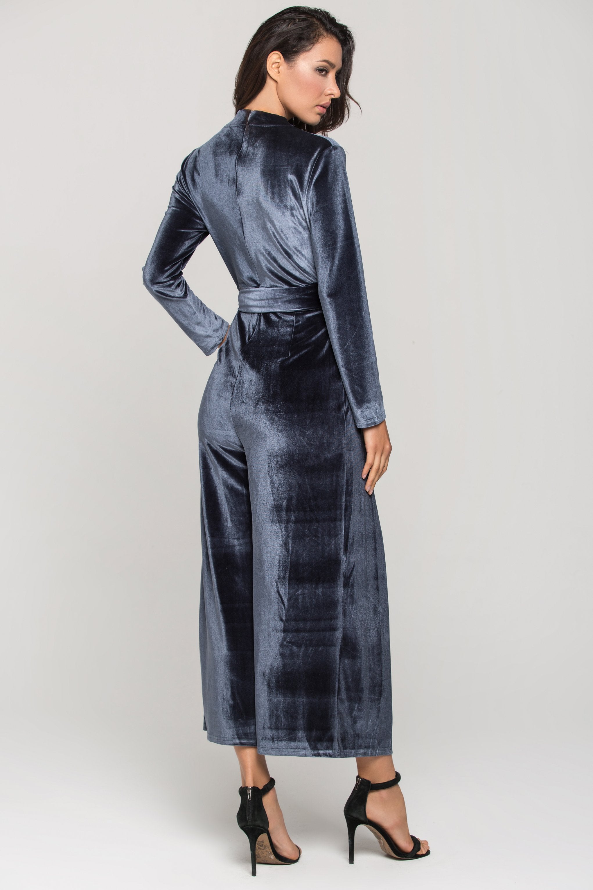 Slate Blue Velvet Sleeved Jumpsuit - ownthelooks-Development