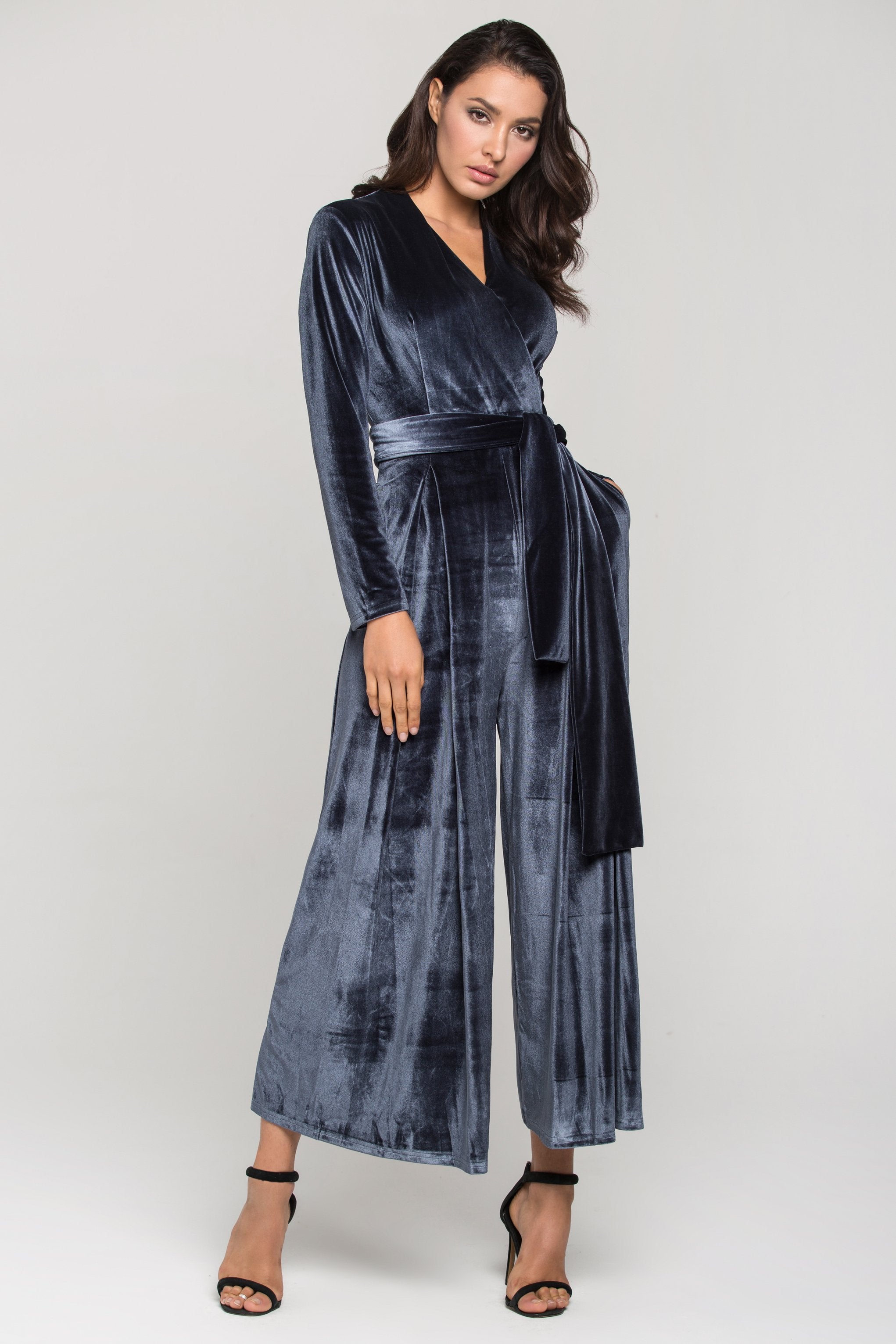 Slate Blue Velvet Sleeved Jumpsuit - ownthelooks-Development