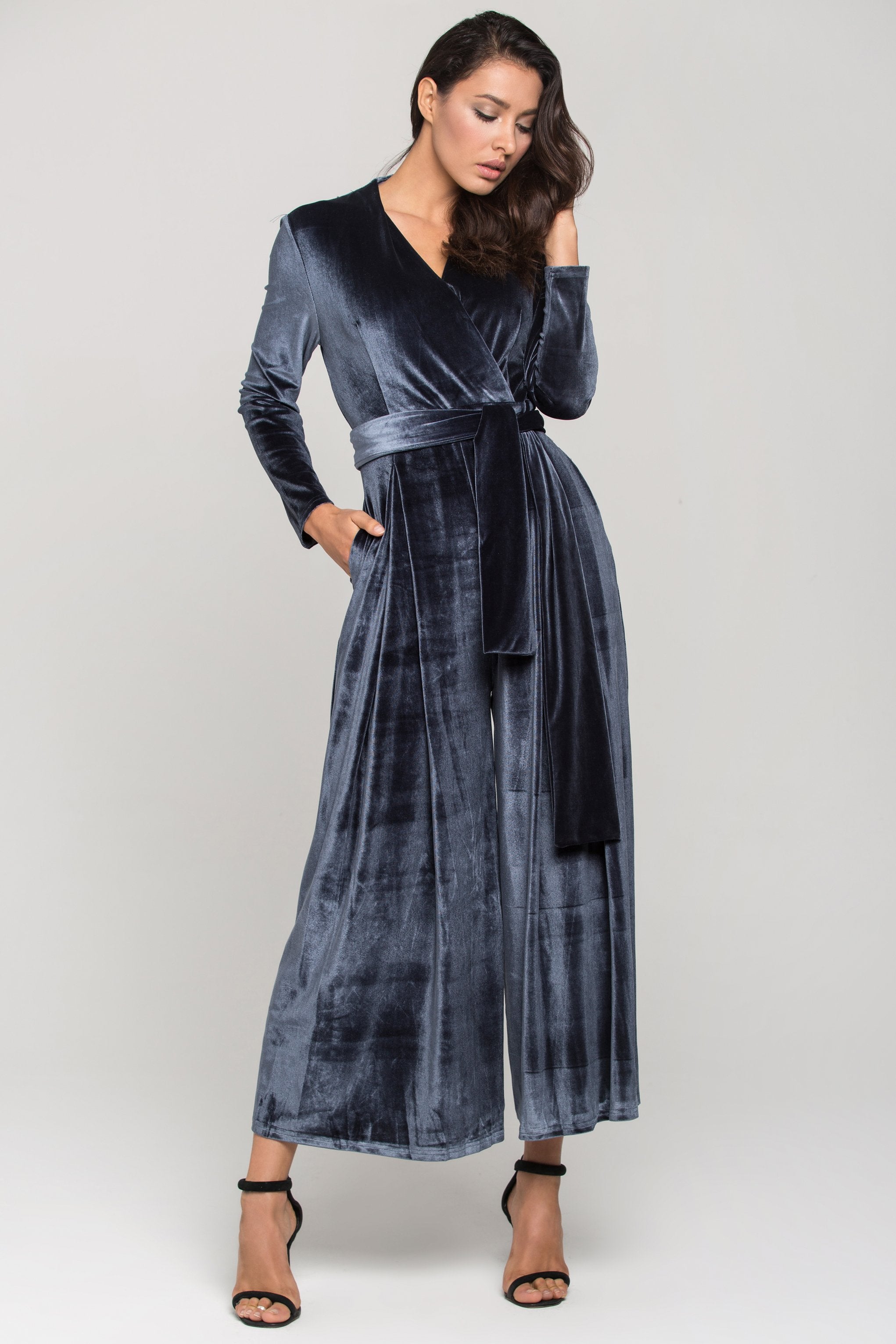 Slate Blue Velvet Sleeved Jumpsuit - ownthelooks-Development