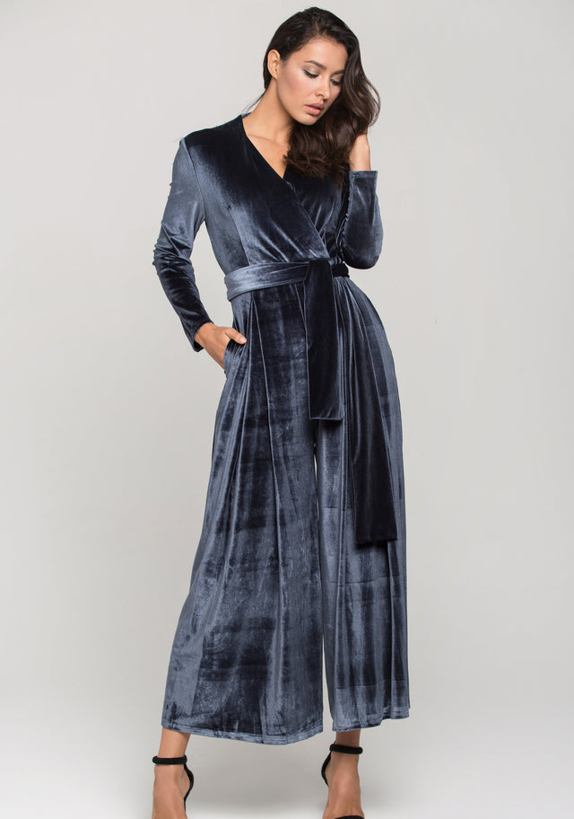 Slate Blue Velvet Sleeved Jumpsuit - ownthelooks-Development