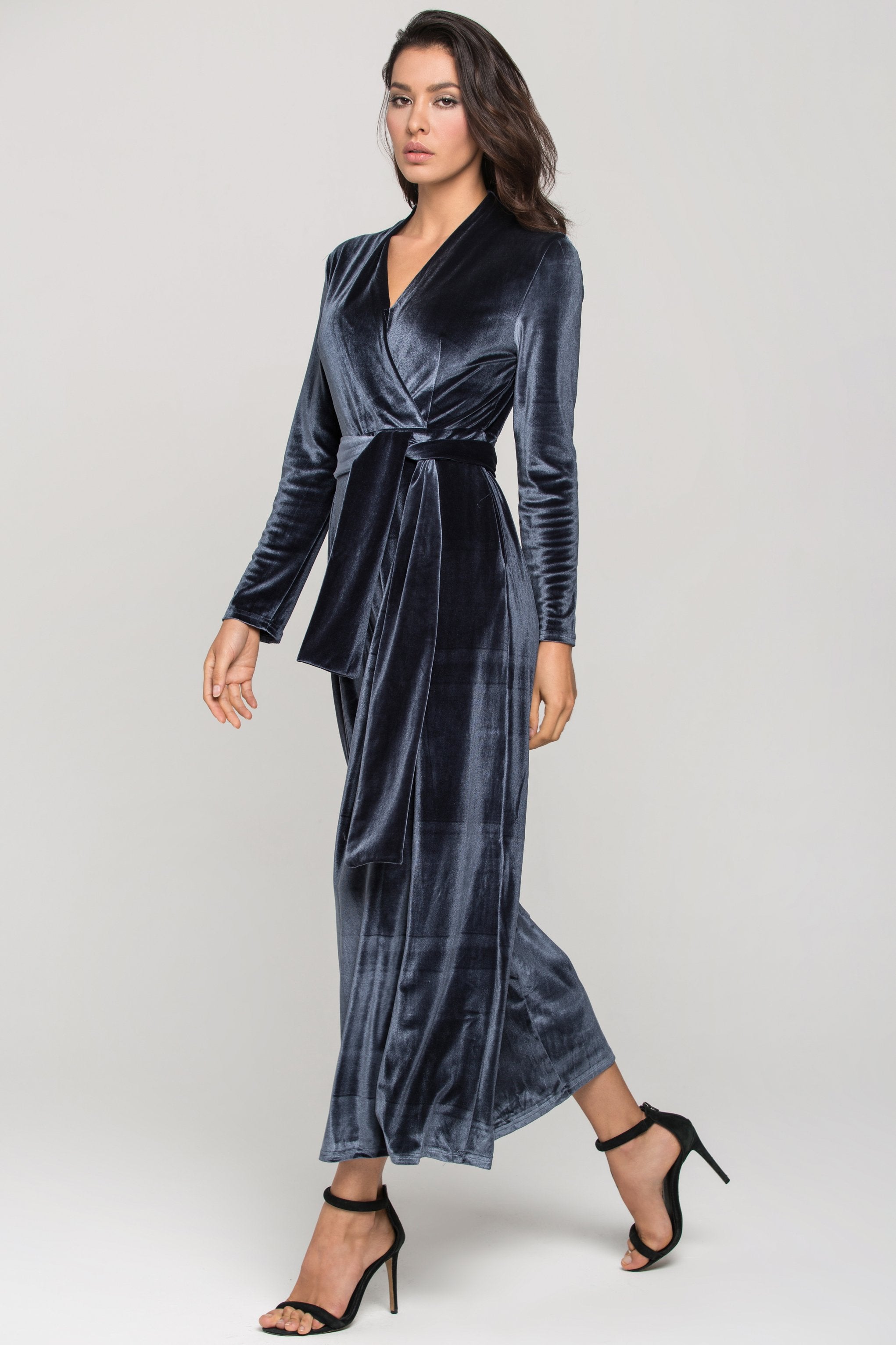 Slate Blue Velvet Sleeved Jumpsuit - ownthelooks-Development