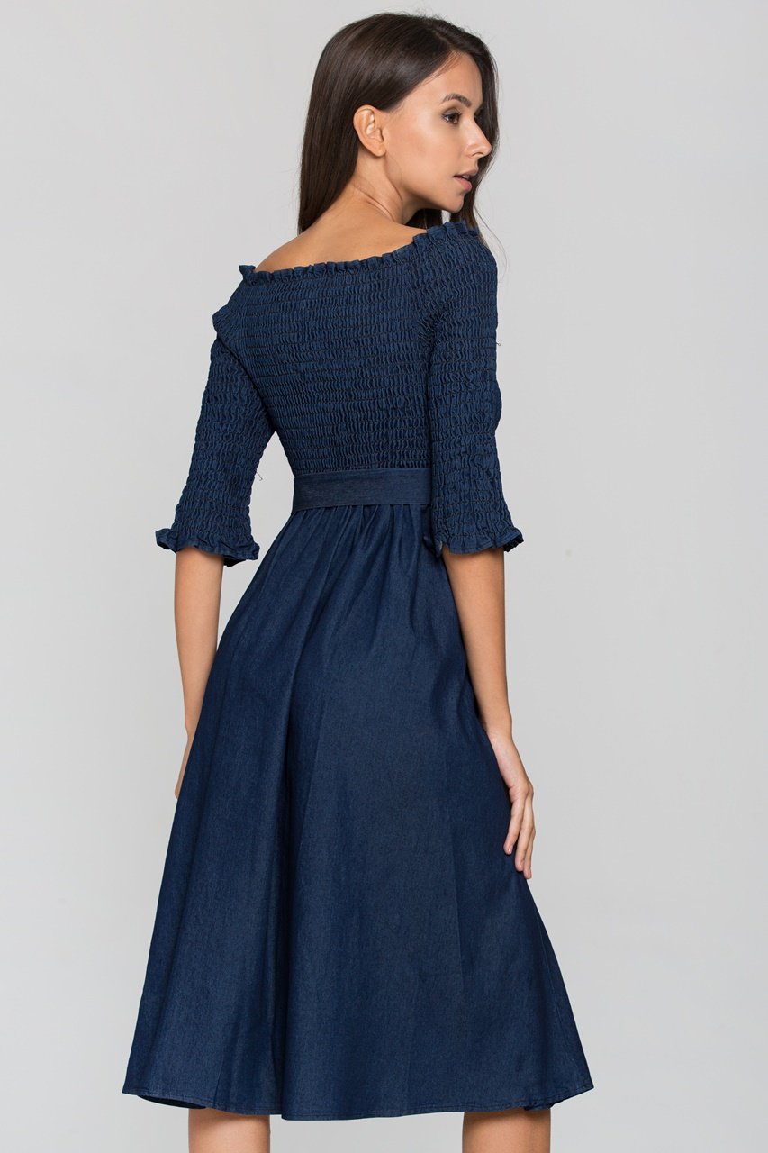 Smocked Top Off the shoulder Chambray Midi Dress - ownthelooks-Development