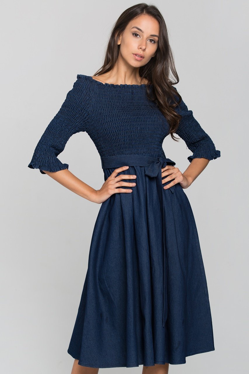 Smocked Top Off the shoulder Chambray Midi Dress - ownthelooks-Development