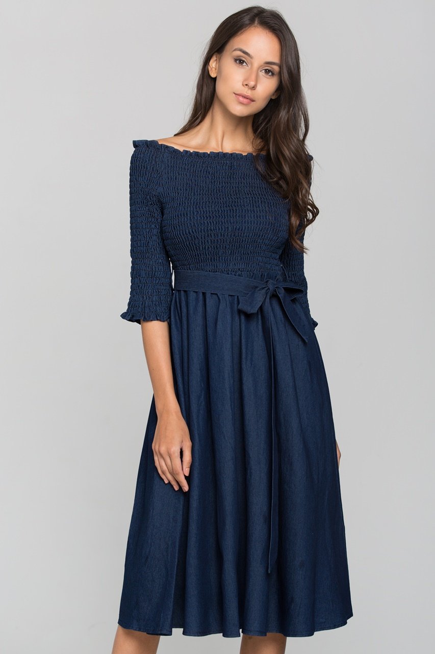 Smocked Top Off the shoulder Chambray Midi Dress - ownthelooks-Development